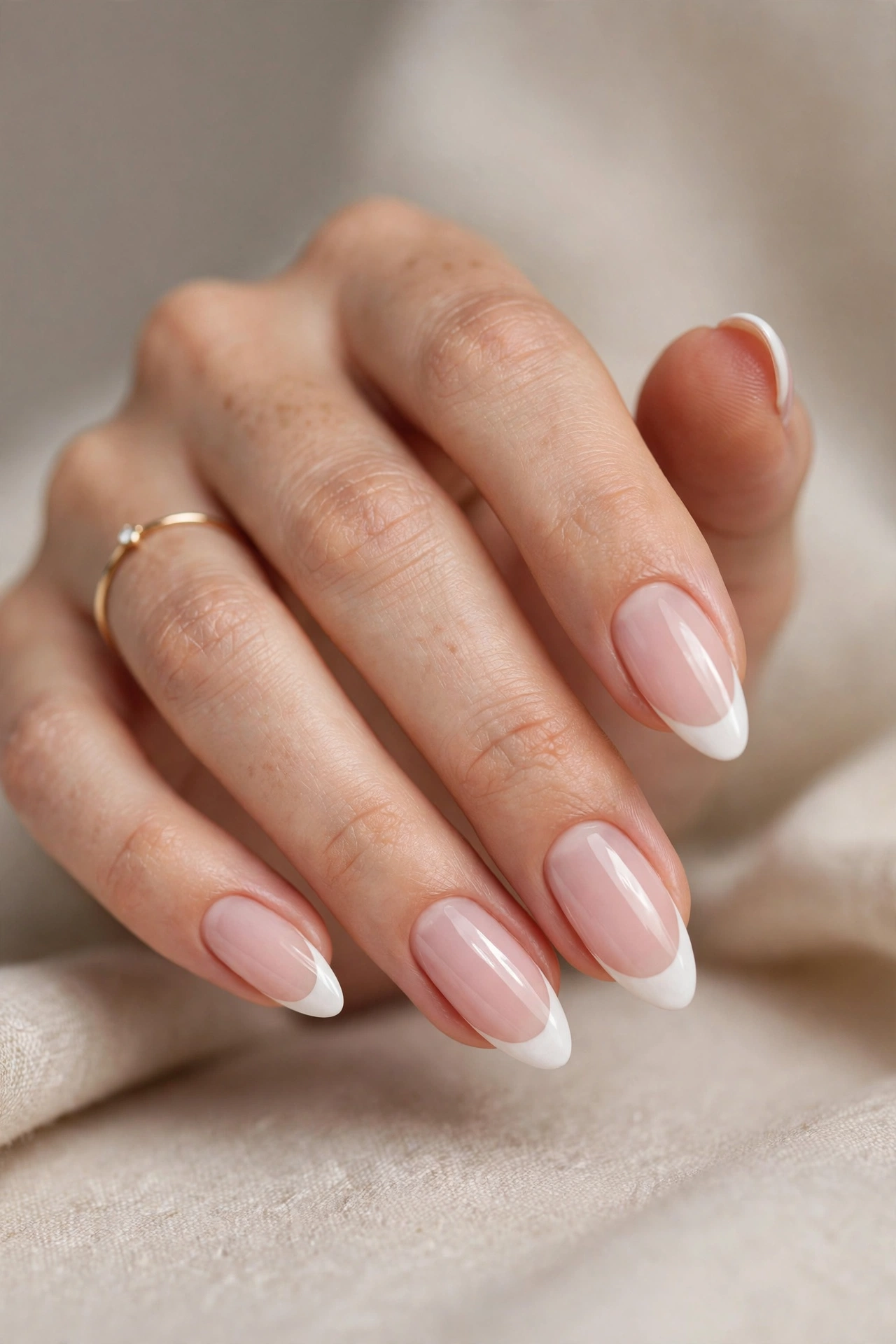 Almond French tip nails classic white tips