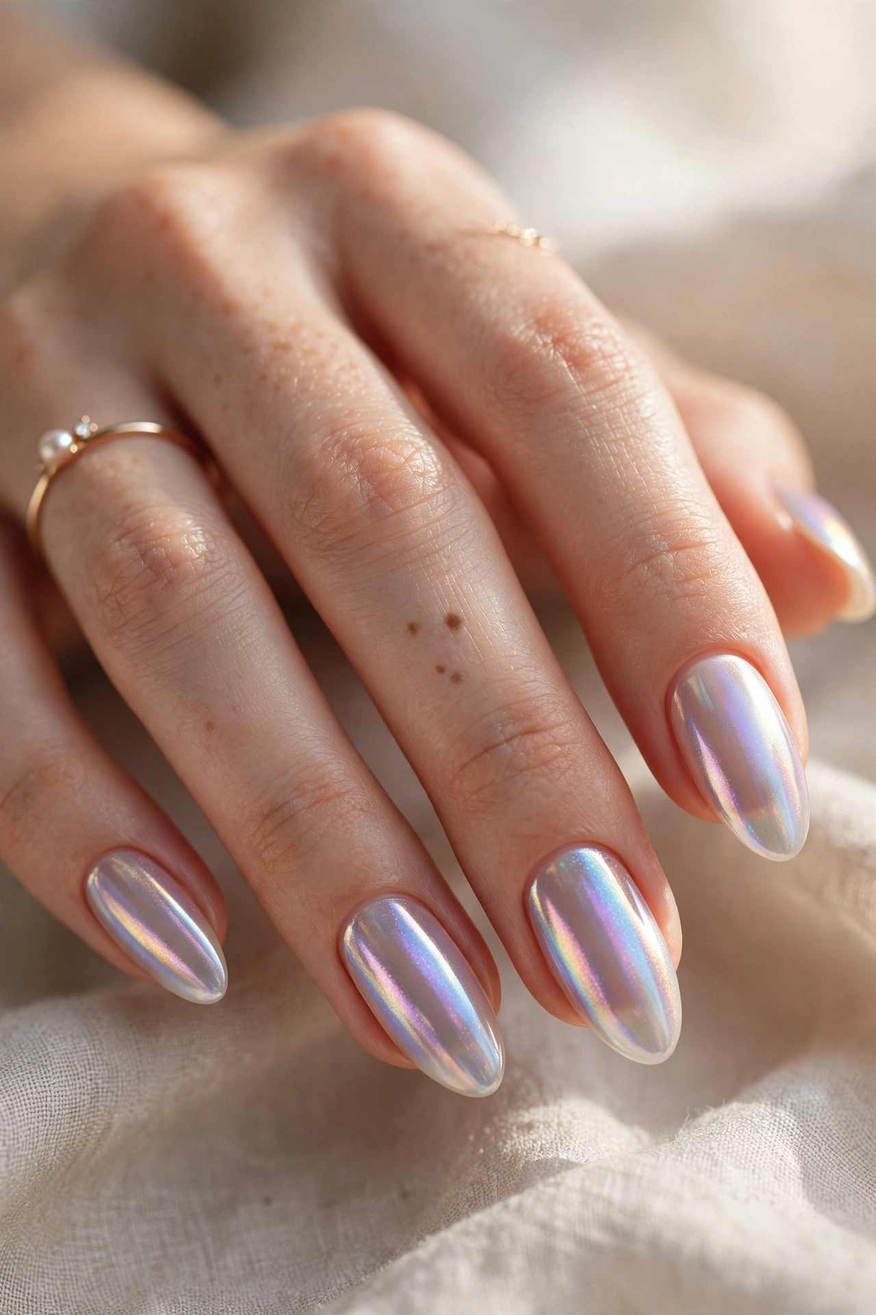 Glazed donut chrome almond nails pearly finish