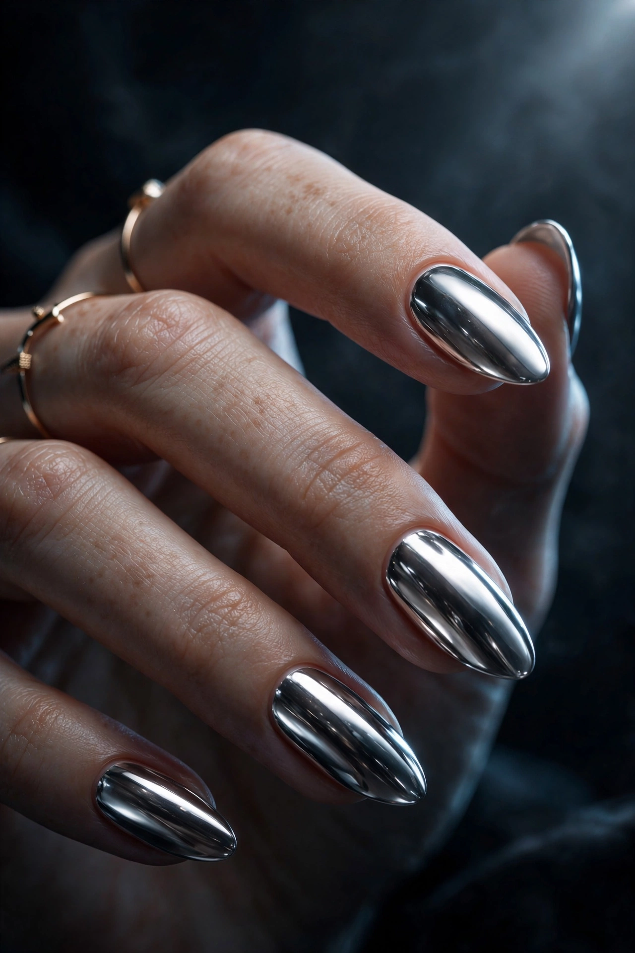 Chrome almond nails mirror metallic finish