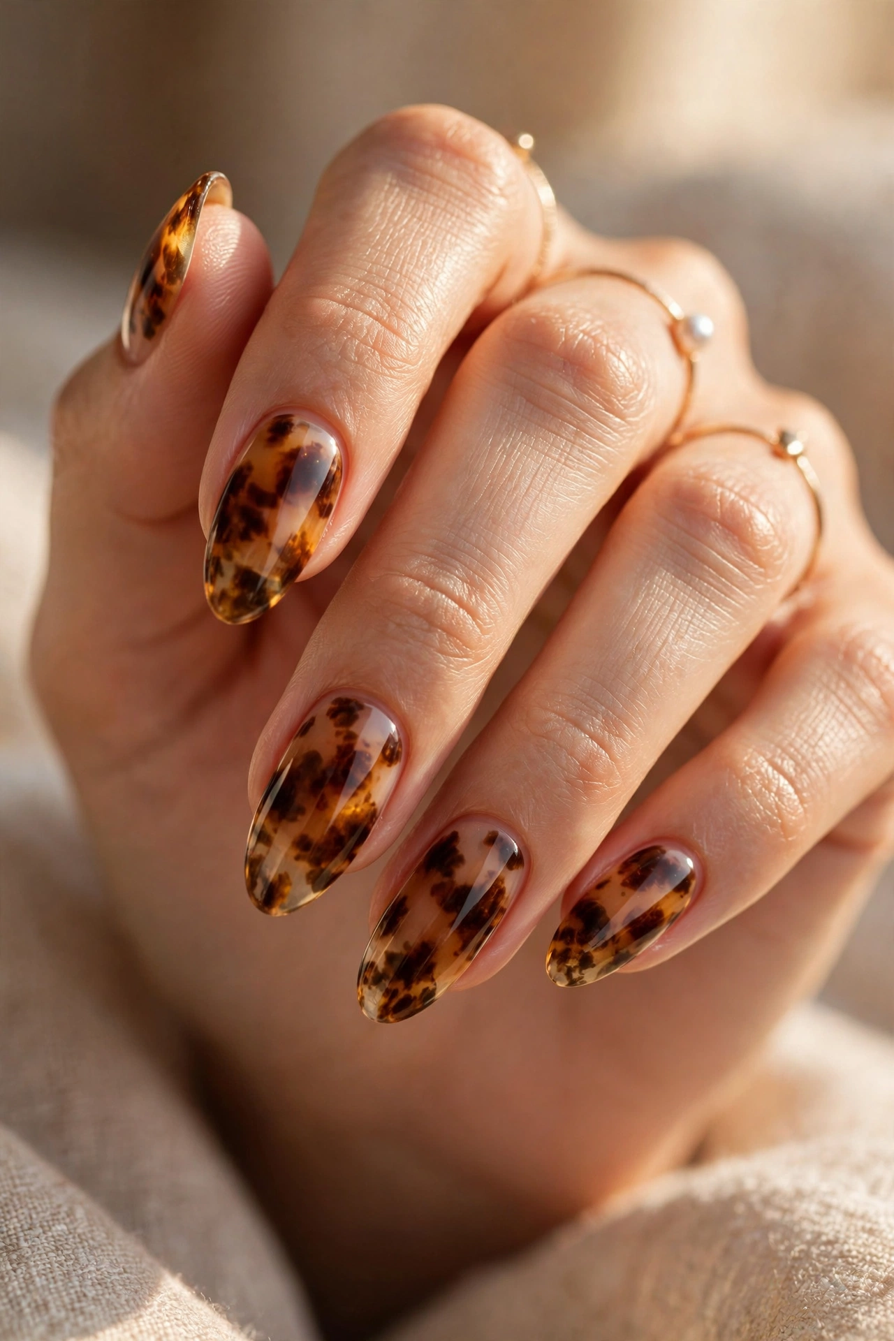 Tortoiseshell almond nails amber pattern