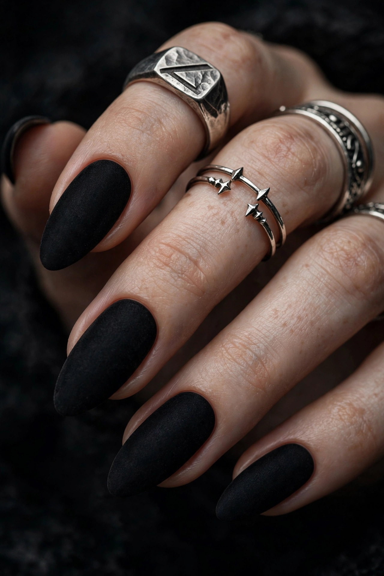 Matte black almond nails edgy manicure
