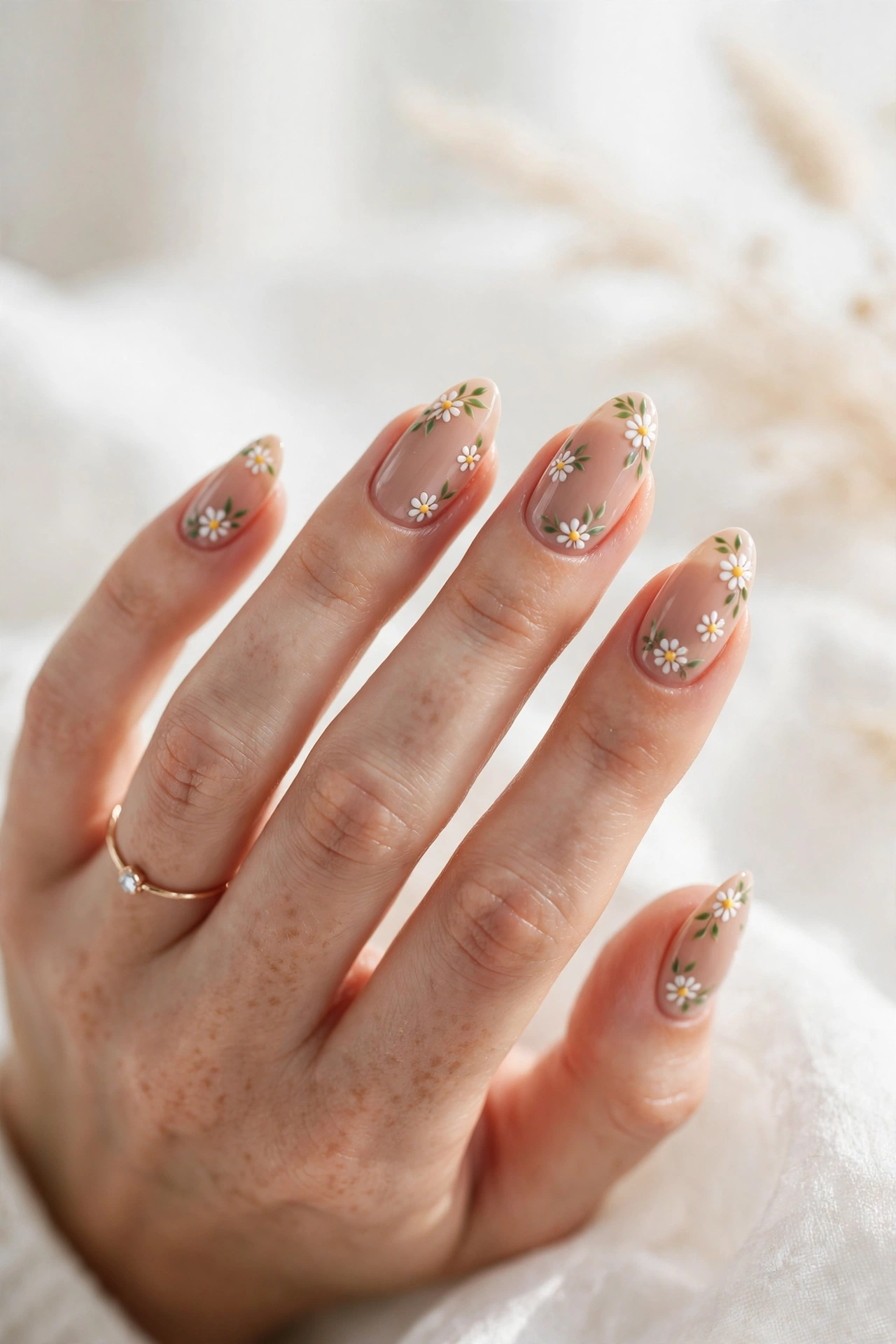 Floral nail art on almond nails delicate flowers