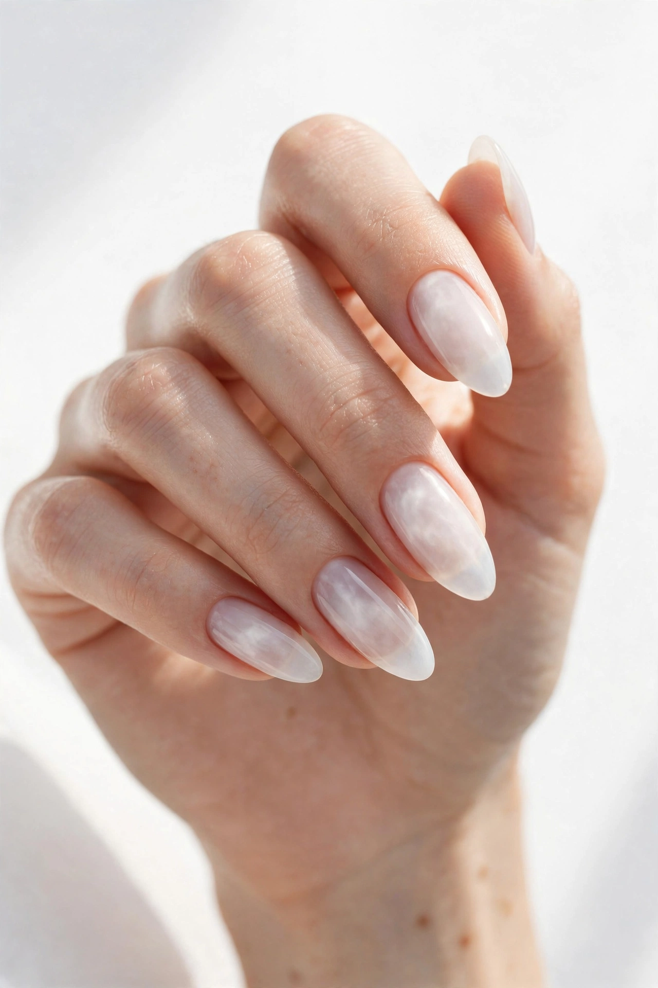 Milky white almond nails soft sheer