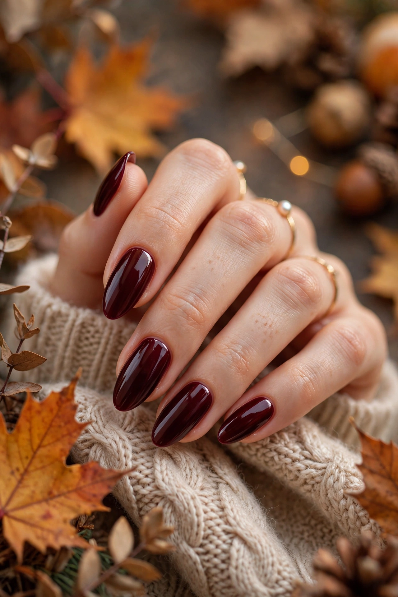 Burgundy almond nails fall manicure