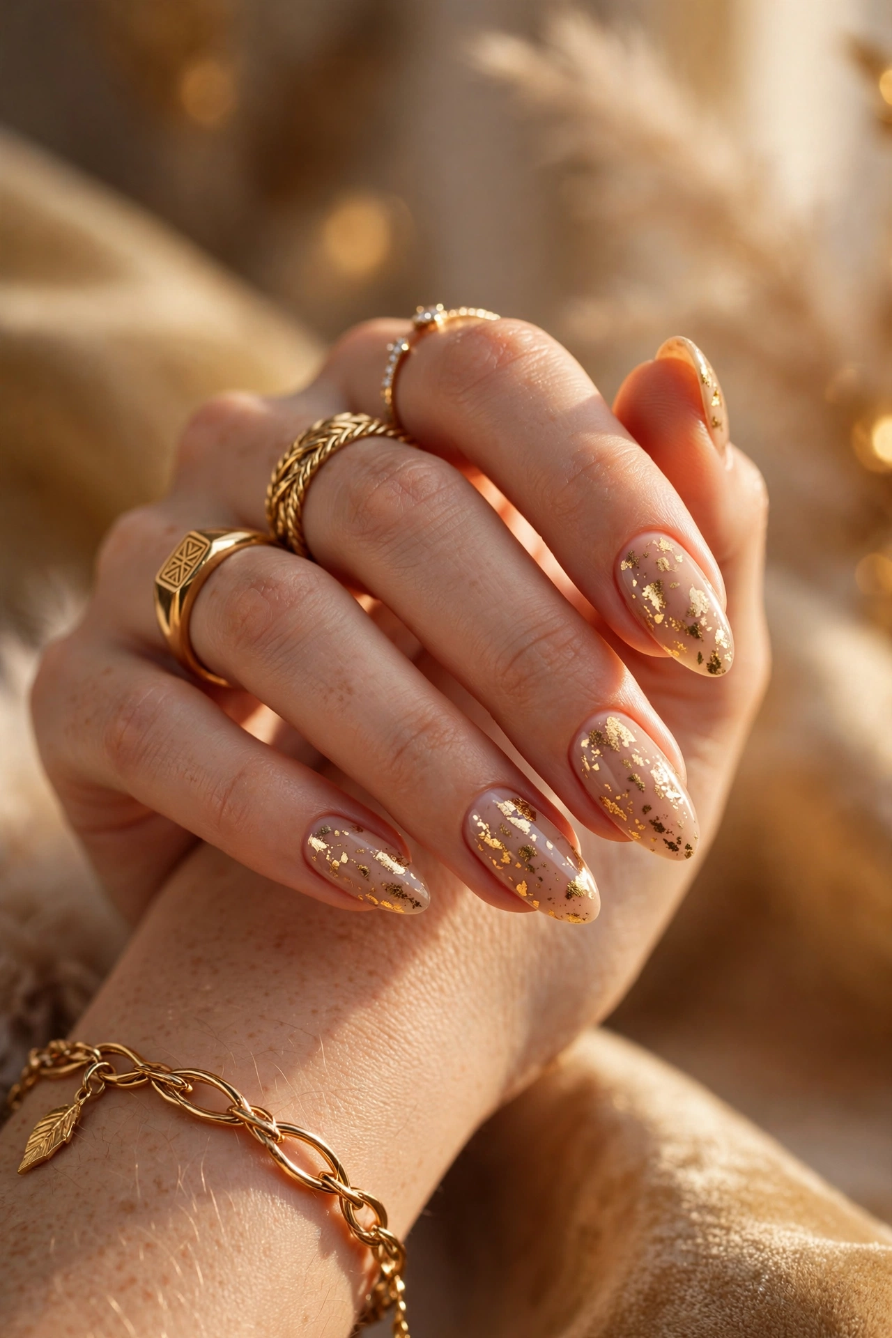 Gold foil accents on almond nails luxury