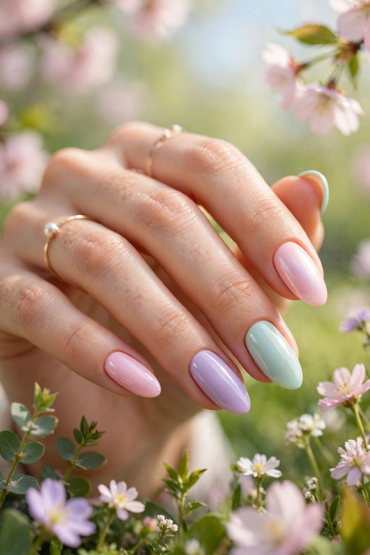 Pastel almond nails soft spring colors
