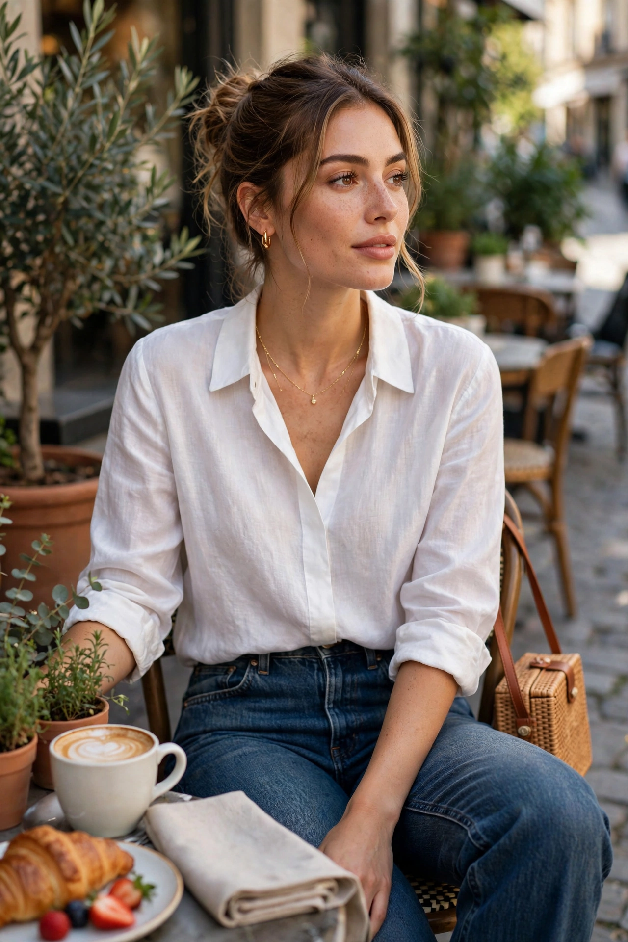 Brunch outfit idea with white blouse and dark-wash straight-leg jeans