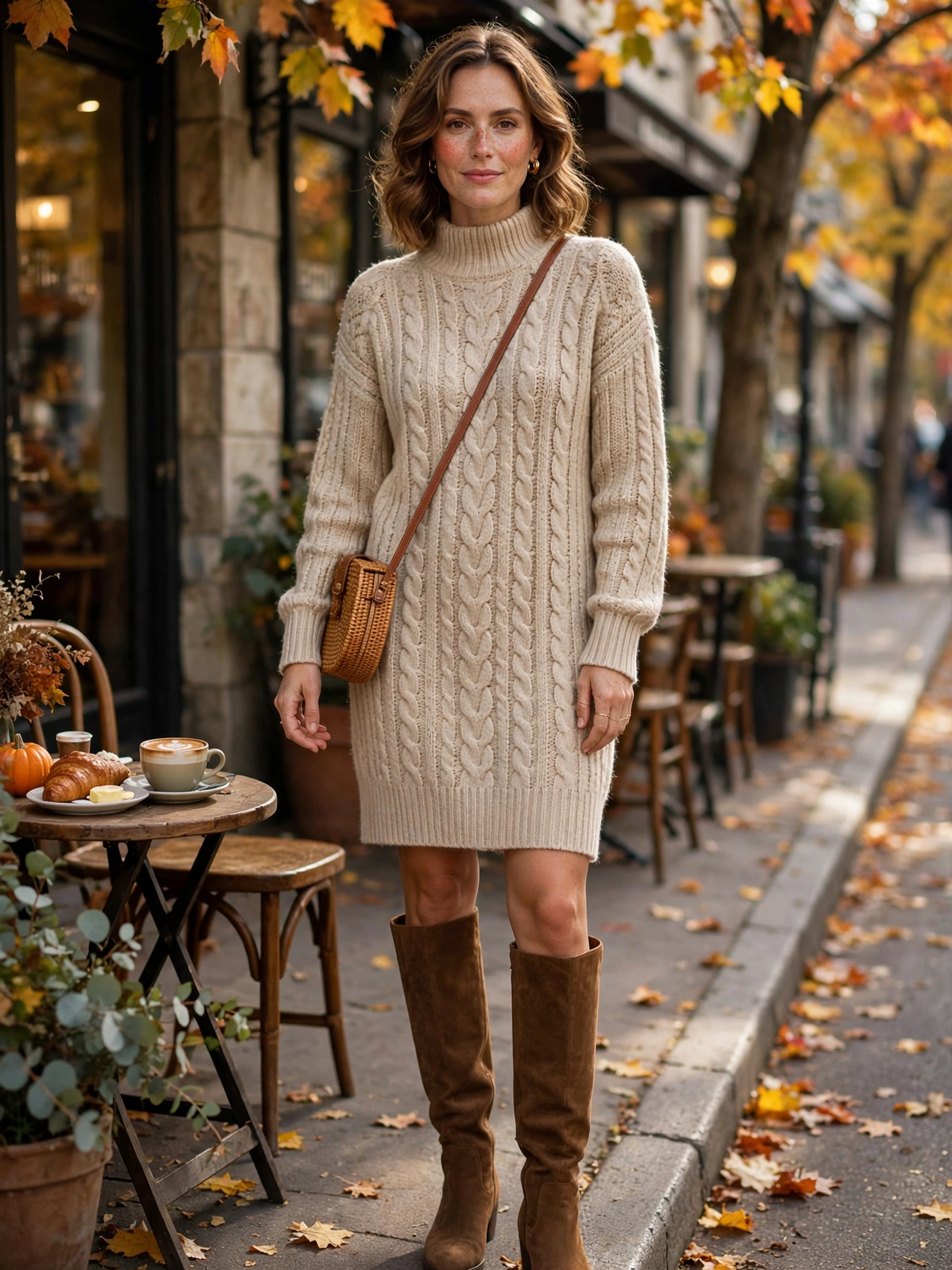 Brunch outfit idea with knit sweater dress and knee-high boots