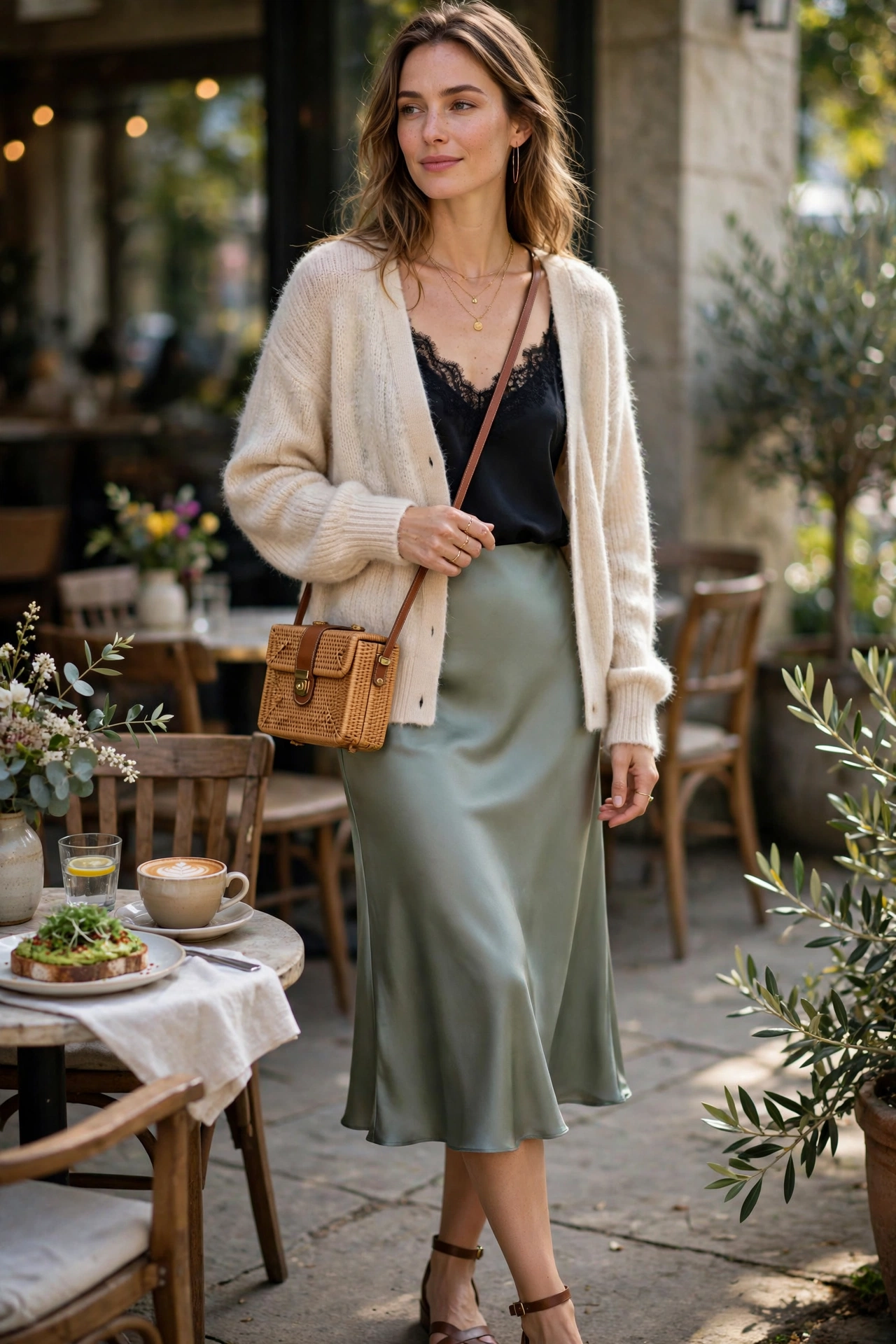 Brunch outfit idea with satin slip skirt and soft cardigan