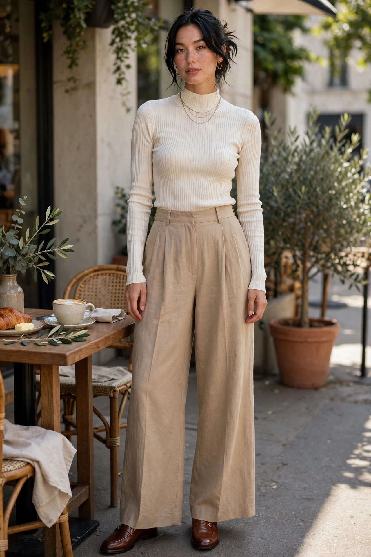 Brunch outfit idea with wide-leg trousers and fitted knit top