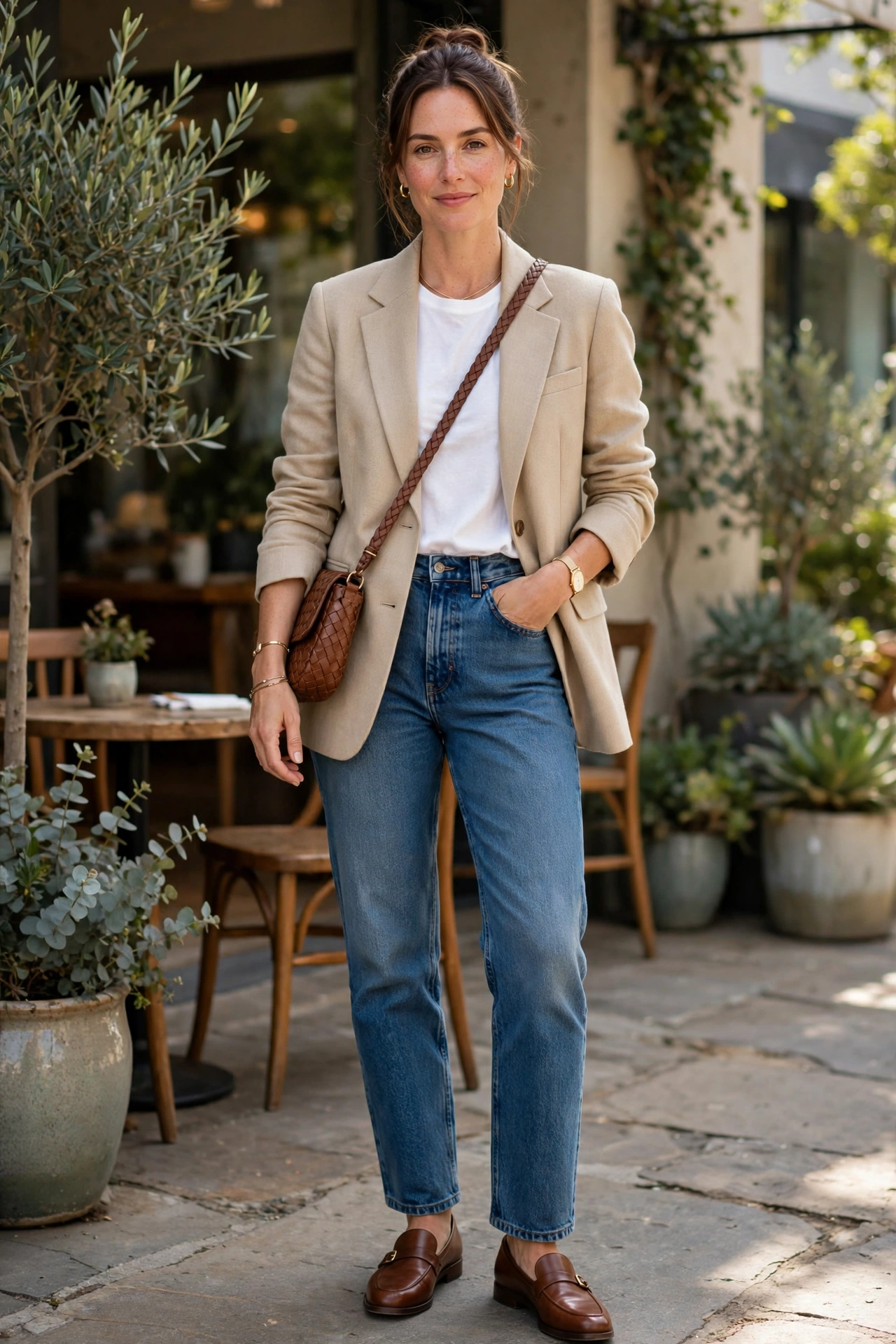 Brunch outfit idea with tailored blazer over jeans, smart-casual style