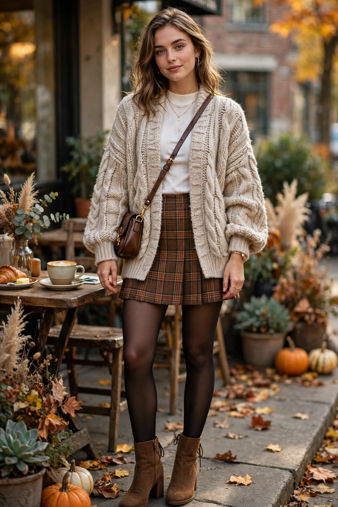 Brunch outfit idea with cozy oversized cardigan and mini skirt