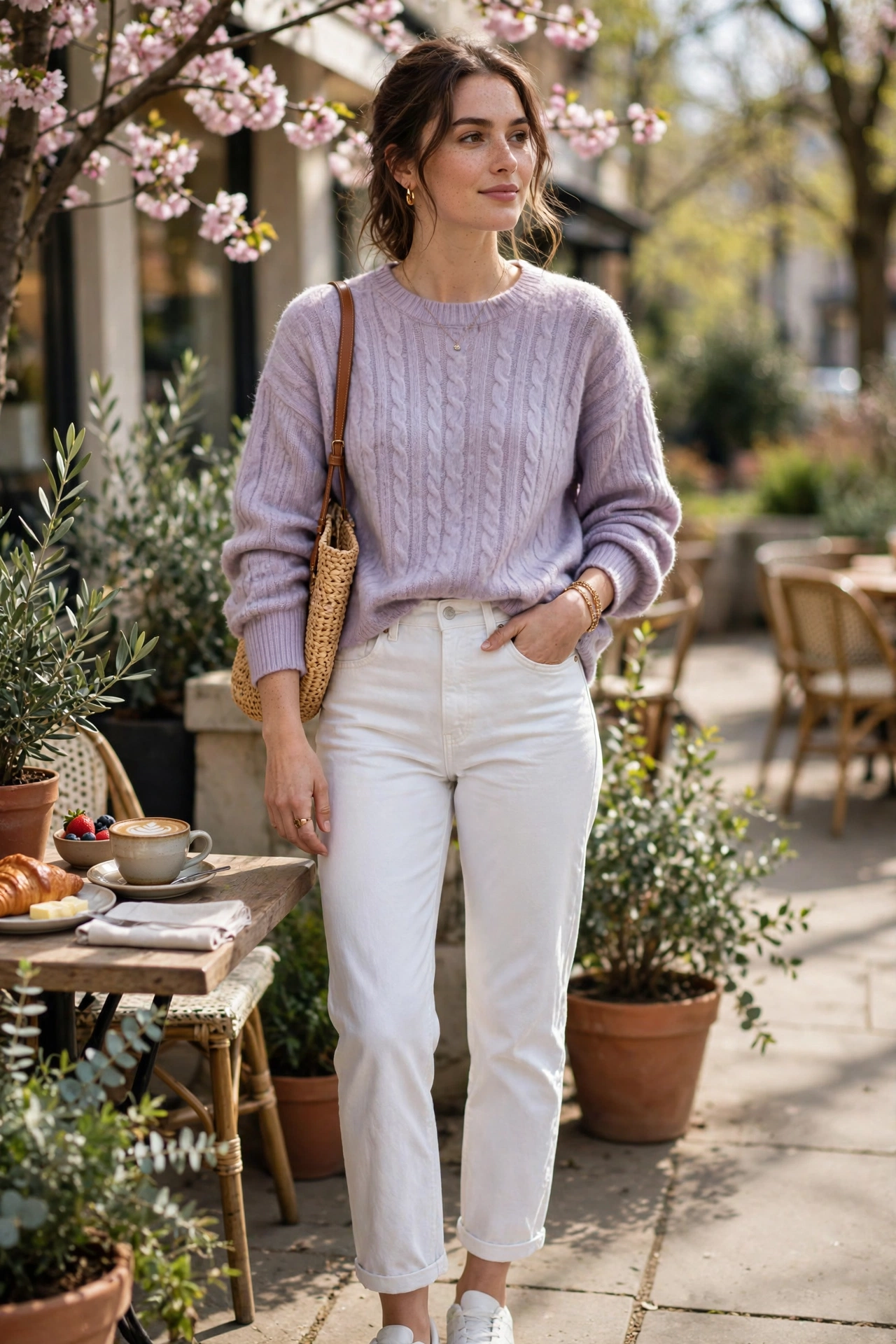 Brunch outfit idea with pastel sweater and white jeans