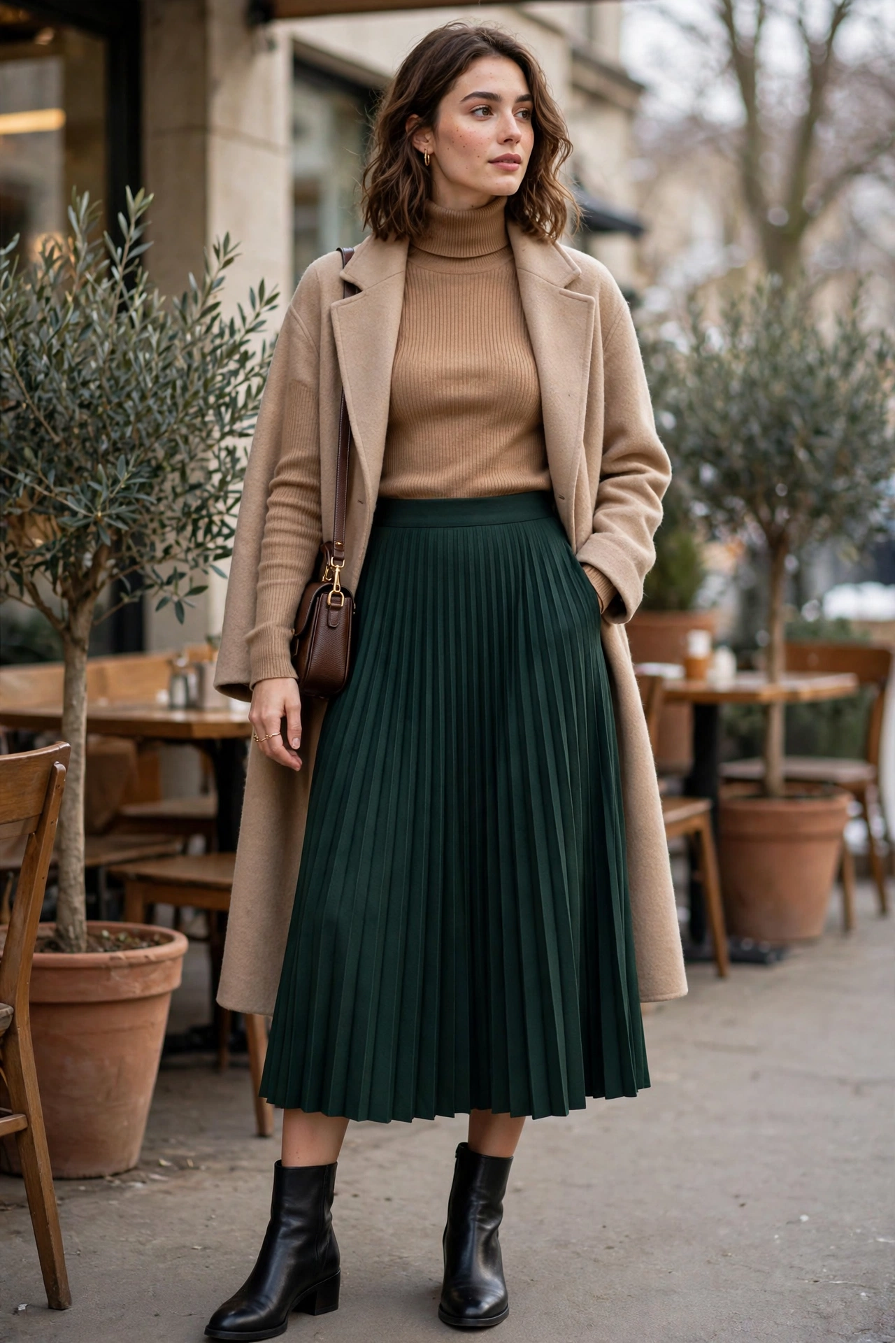 Brunch outfit idea with pleated midi skirt and fitted turtleneck