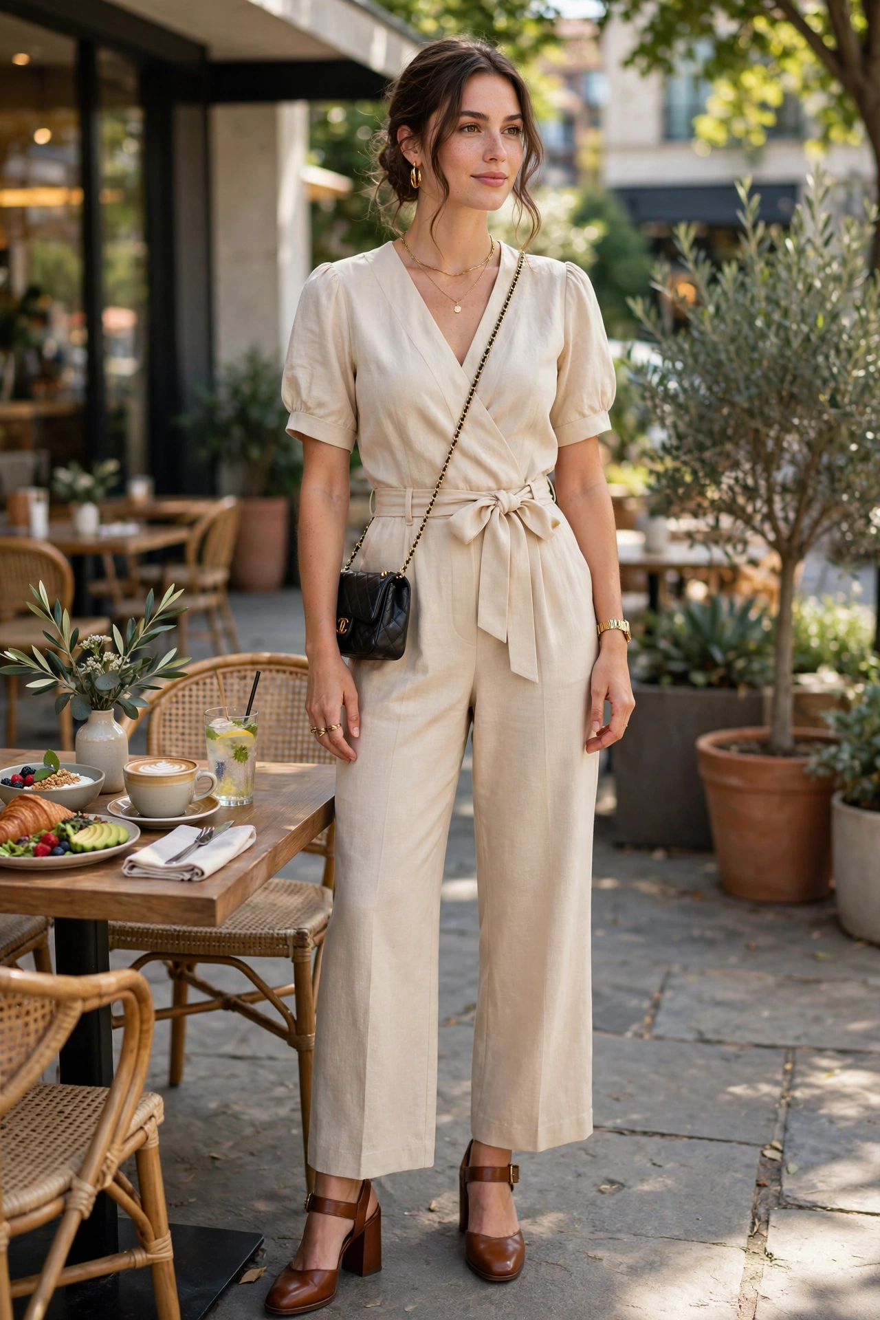 Brunch outfit idea with chic jumpsuit and block heels