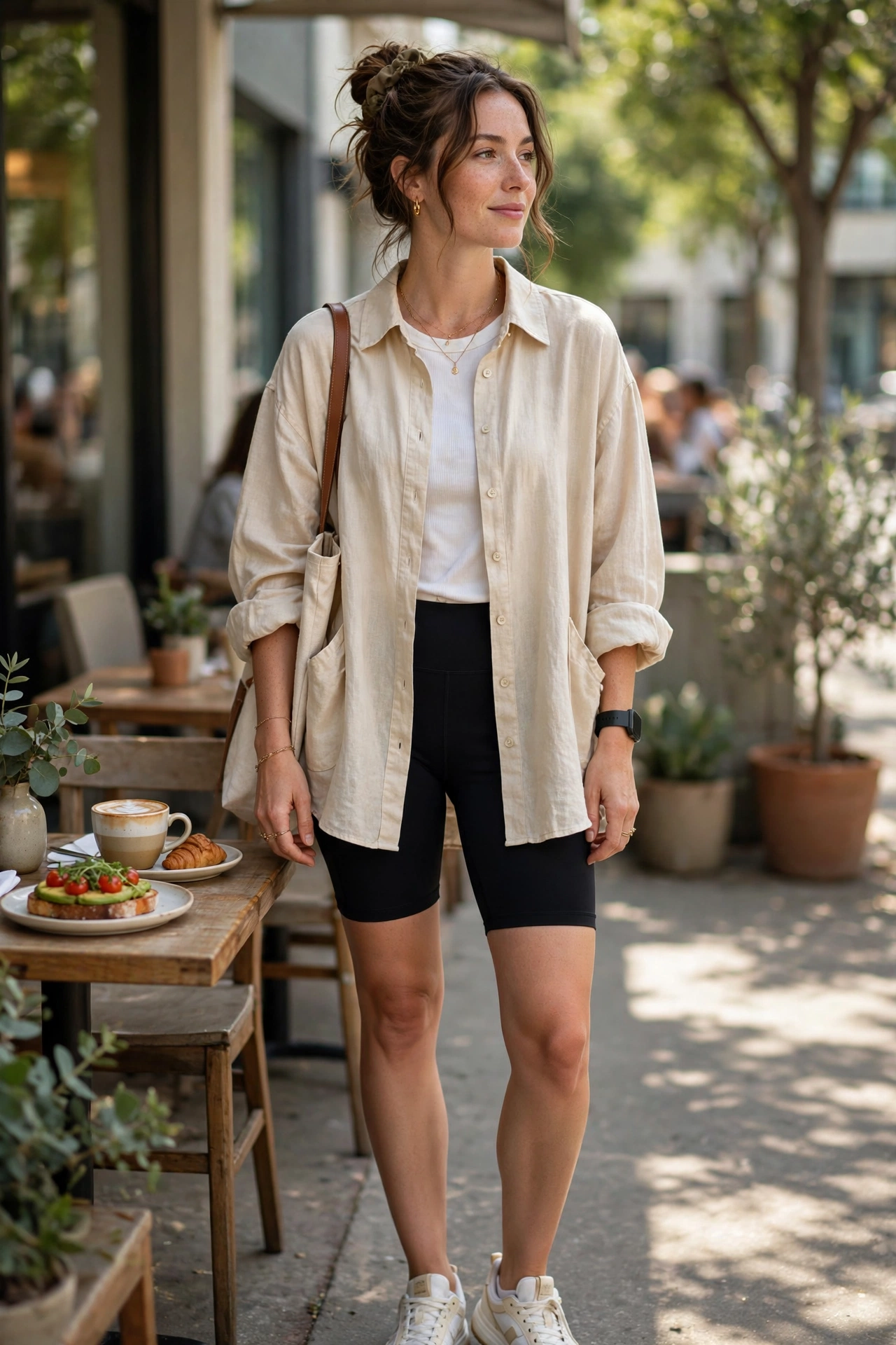 Brunch athleisure outfit idea with oversized shirt and biker shorts