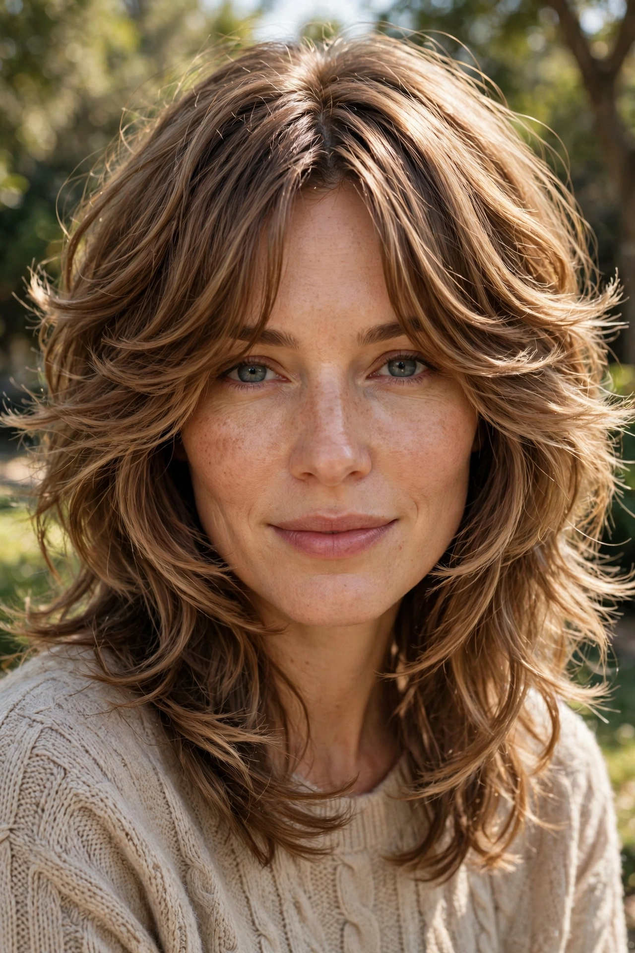 Butterfly haircut idea with curtain bangs and face-framing feathered layers