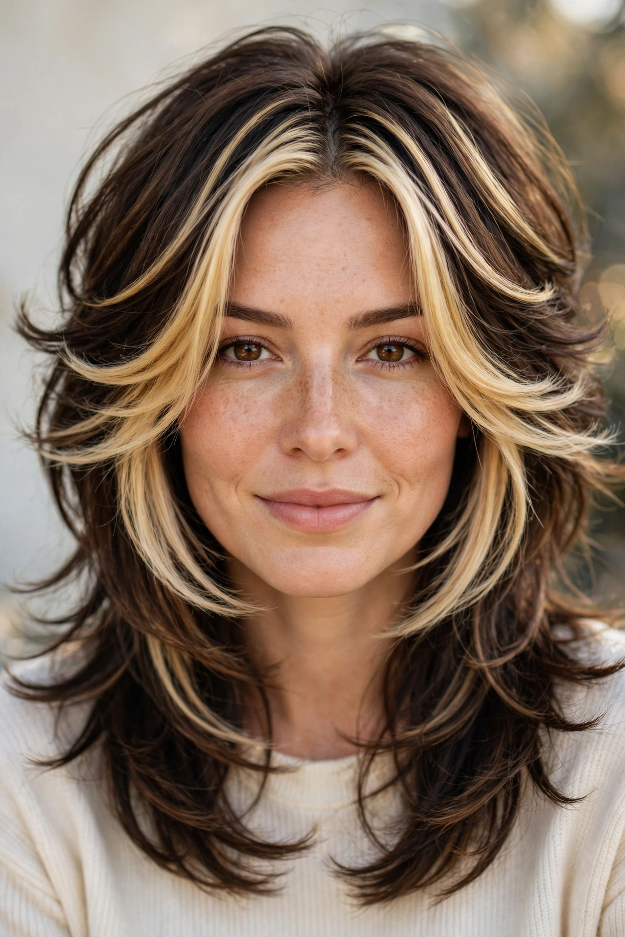 Butterfly haircut idea with blonde money piece highlights framing the face
