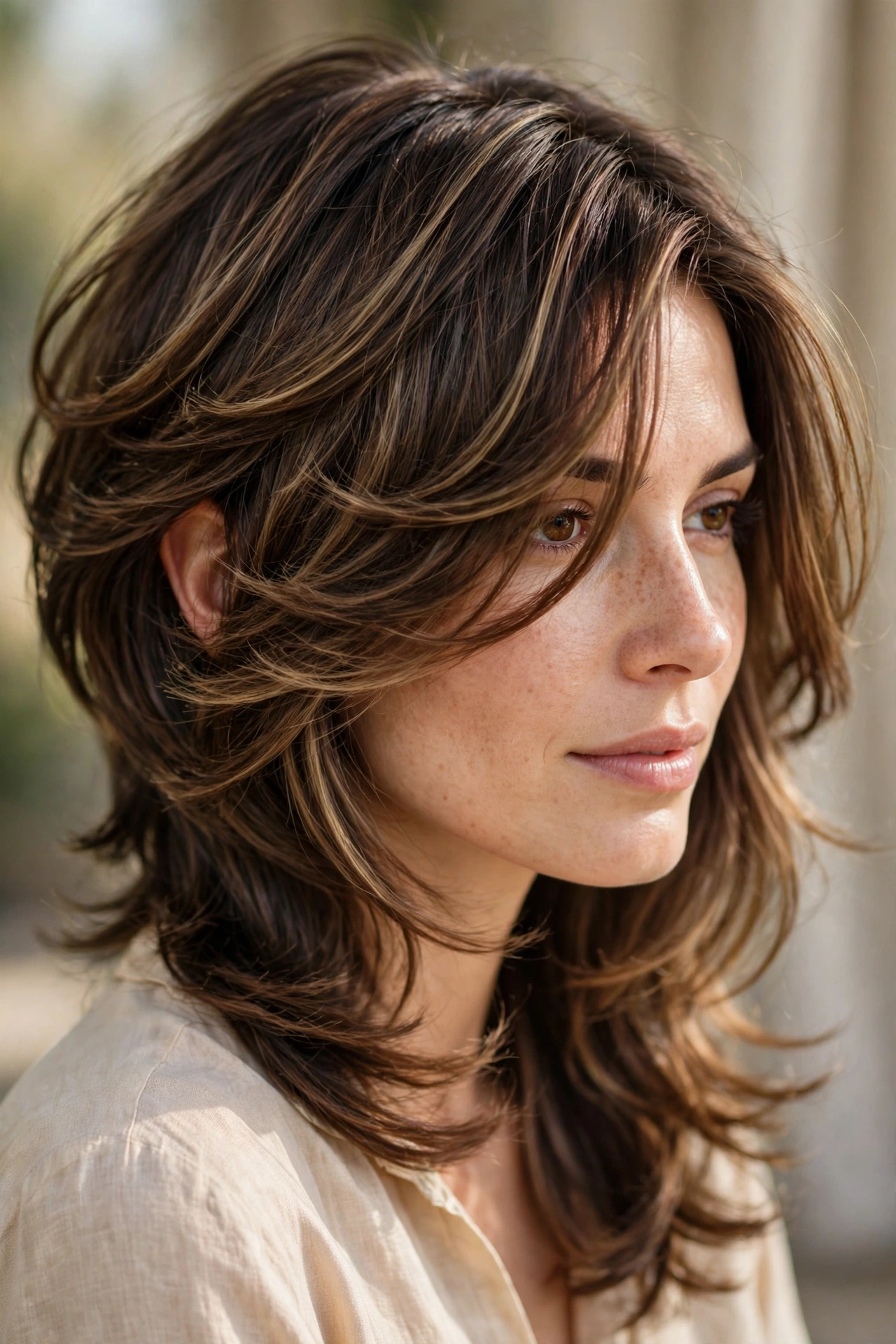Butterfly haircut idea with a deep side part and sweeping layered fringe