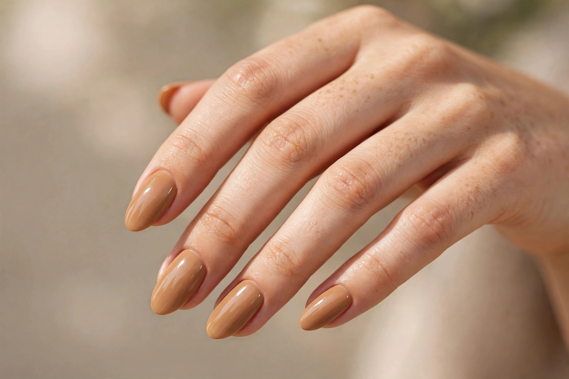 Classic warm caramel nude nails on medium almond nails