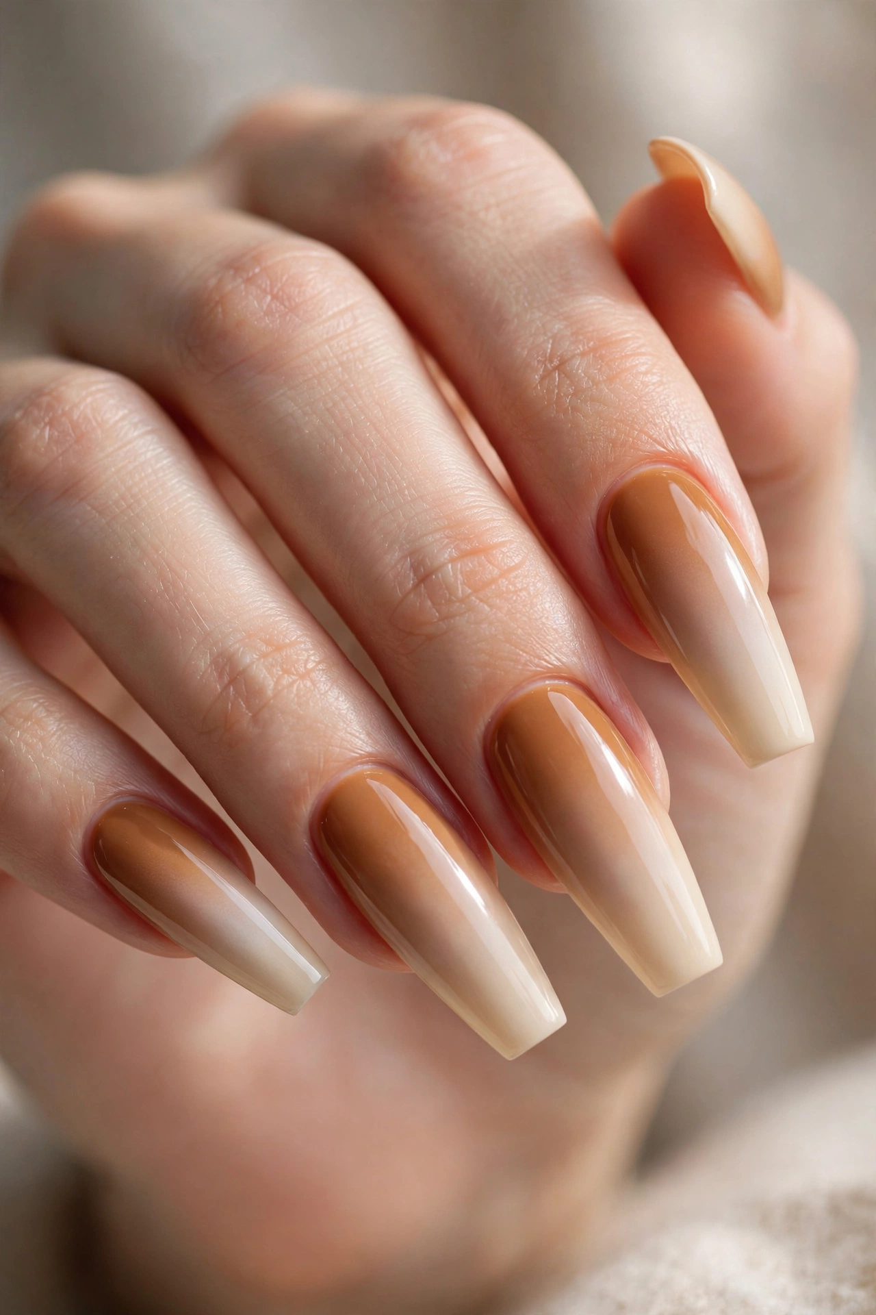 Caramel latte ombre nude nails blending to creamy beige