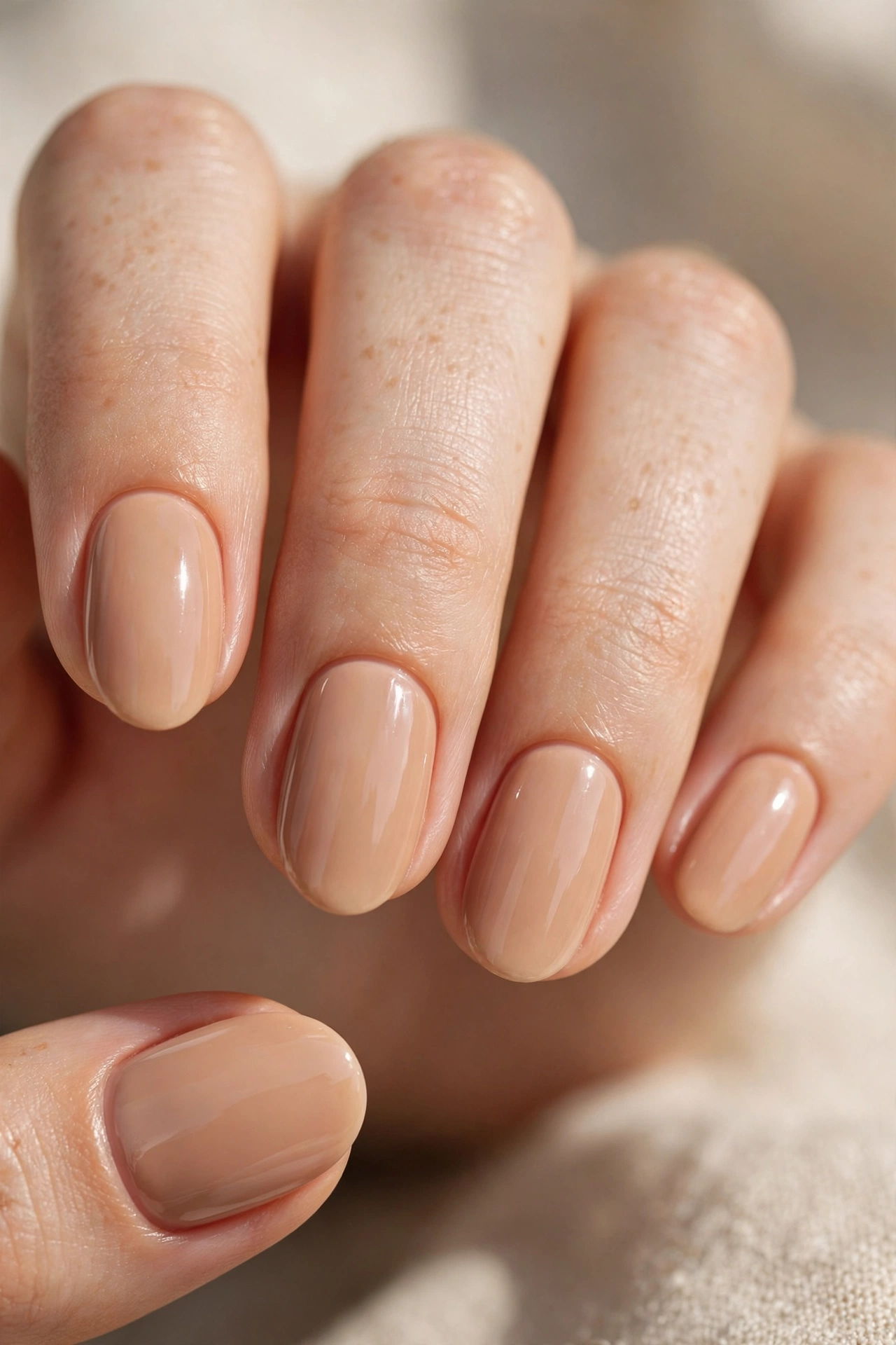 Creamy toffee nude nails with soft milky caramel color