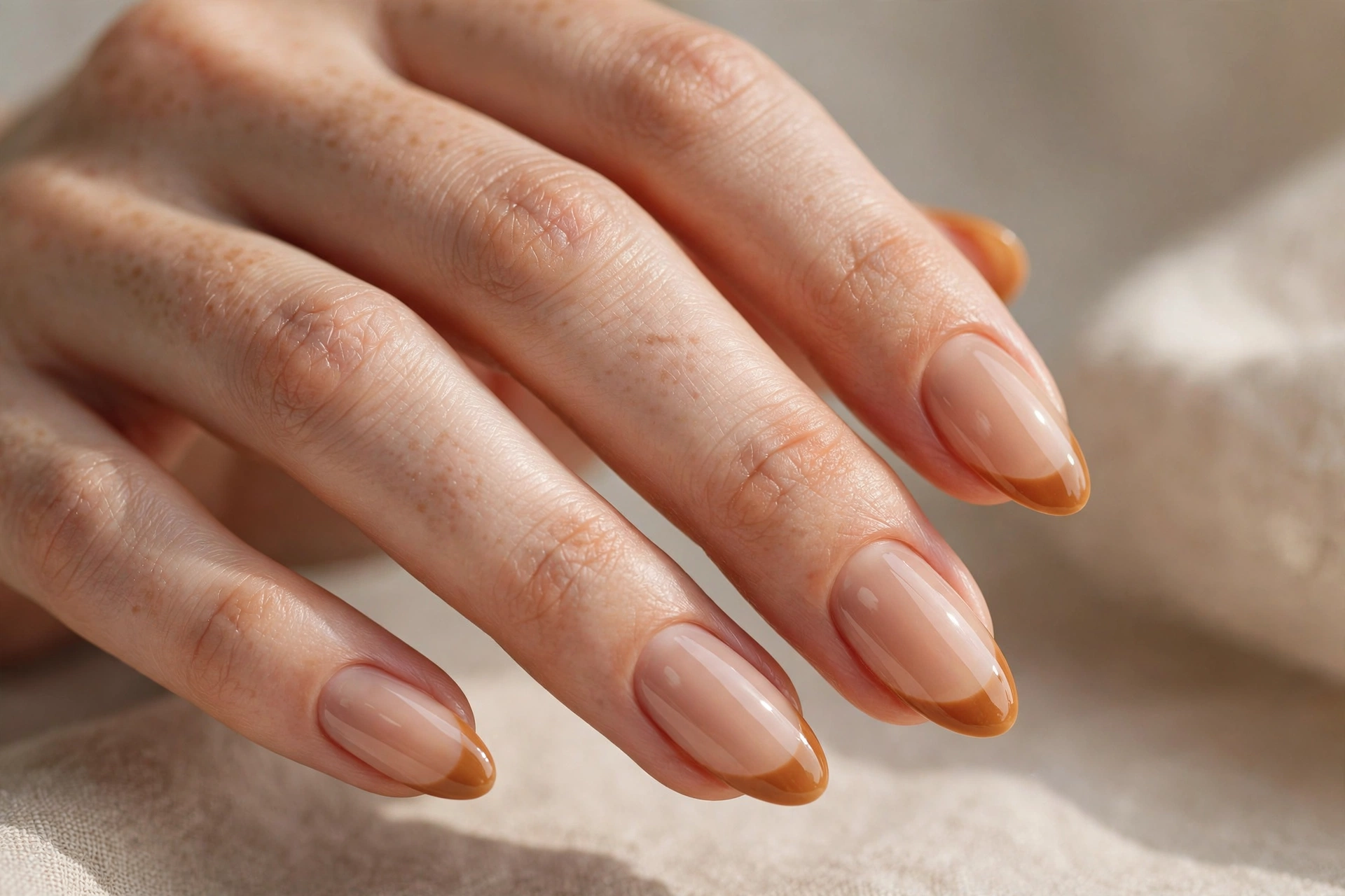 Caramel French tip nails with warm toffee tips on nude base