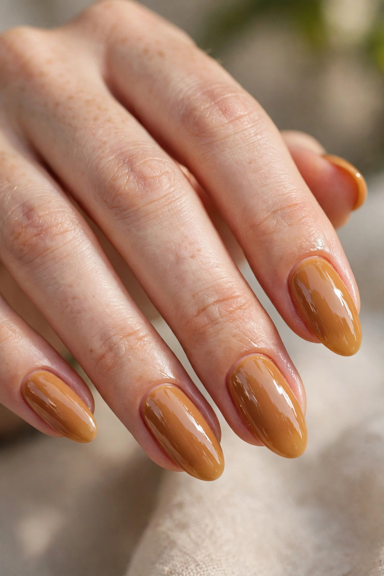 Honey caramel gloss nude nails with ultra glossy finish