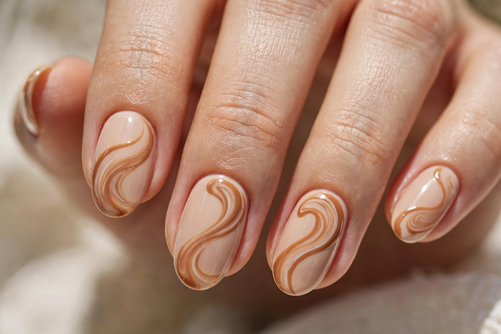 Caramel swirl nail art on nude beige base