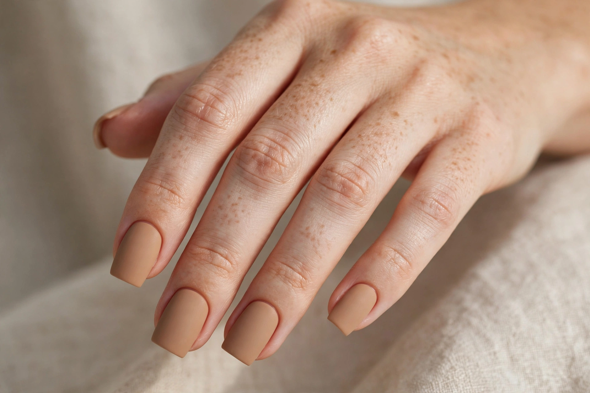 Matte caramel nude nails with velvety flat finish