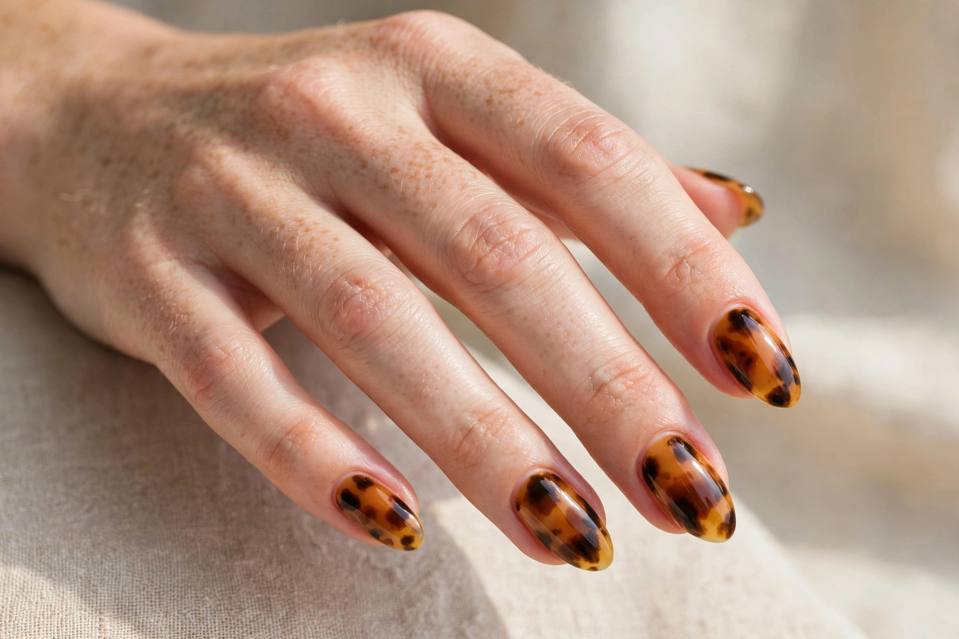 Caramel tortoiseshell nail design in amber and brown