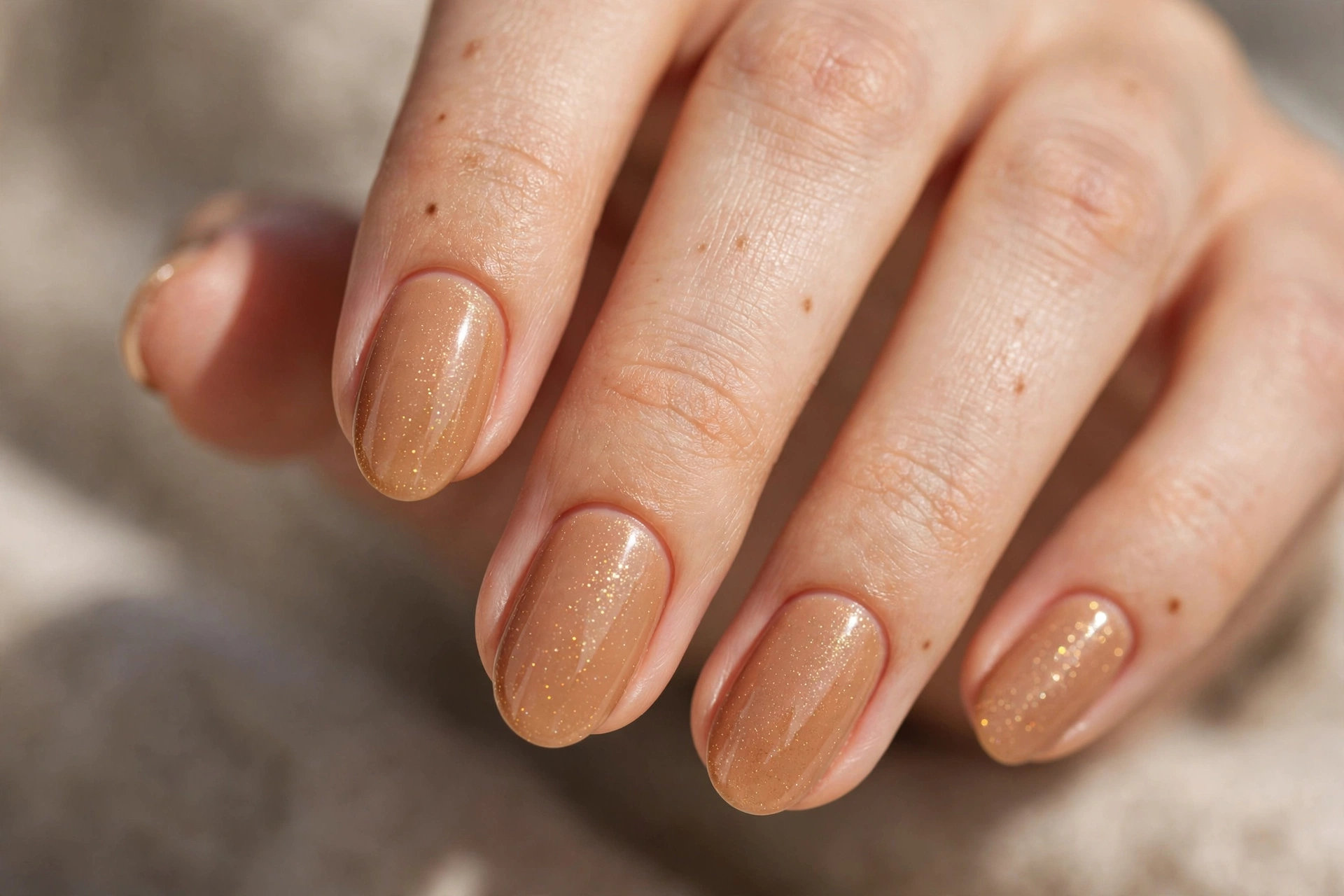 Golden caramel shimmer nude nails with sparkling gold