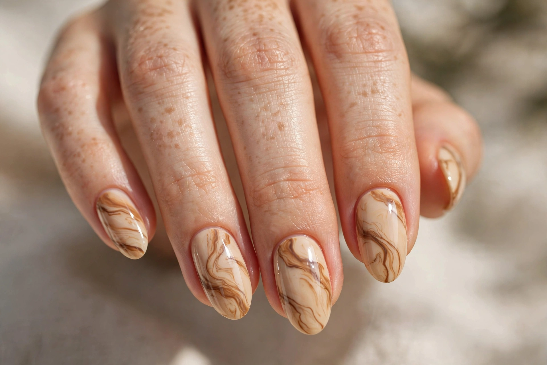Caramel marble nails with flowing brown veins