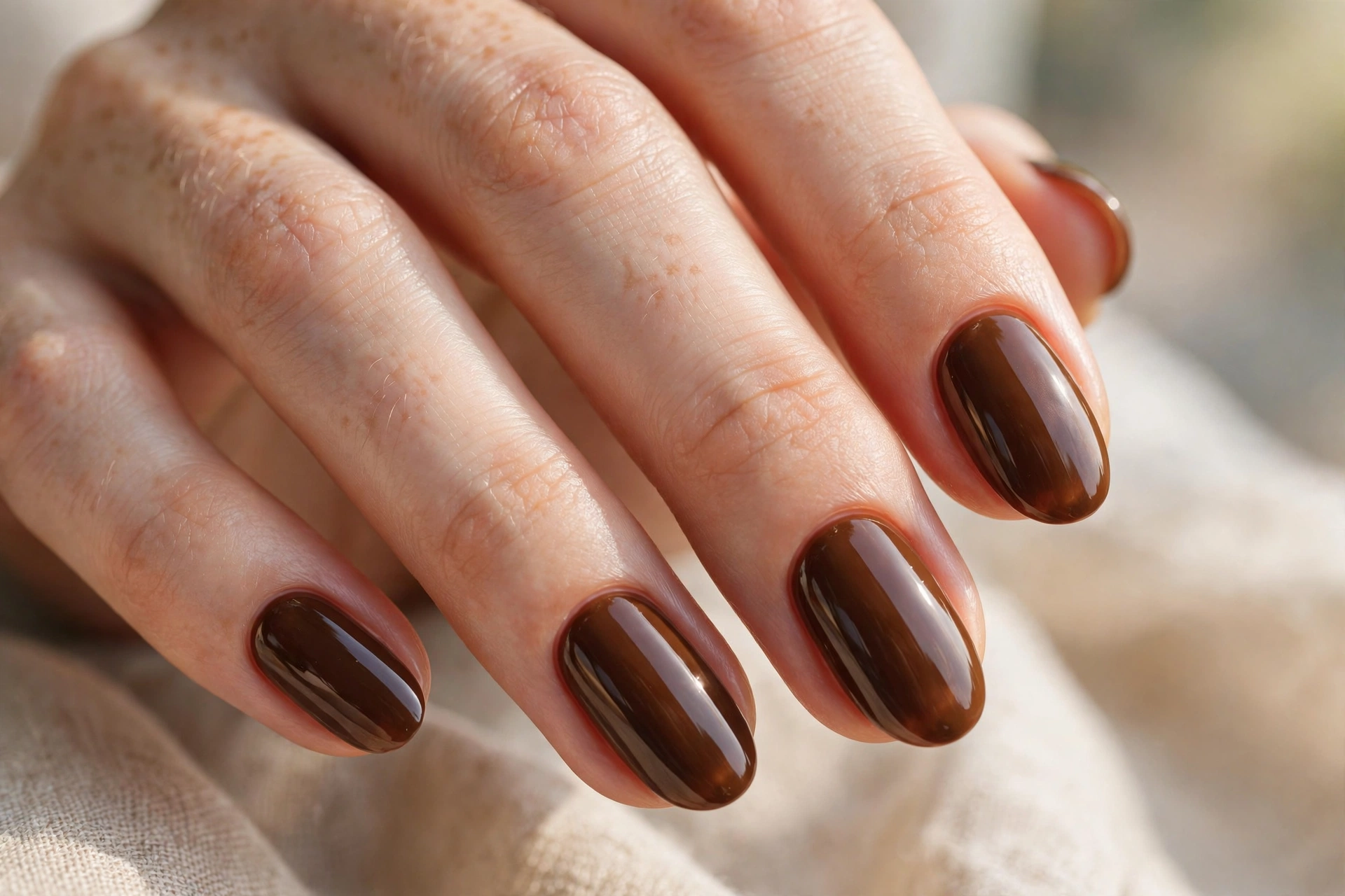 Deep espresso caramel nude nails in rich coffee brown