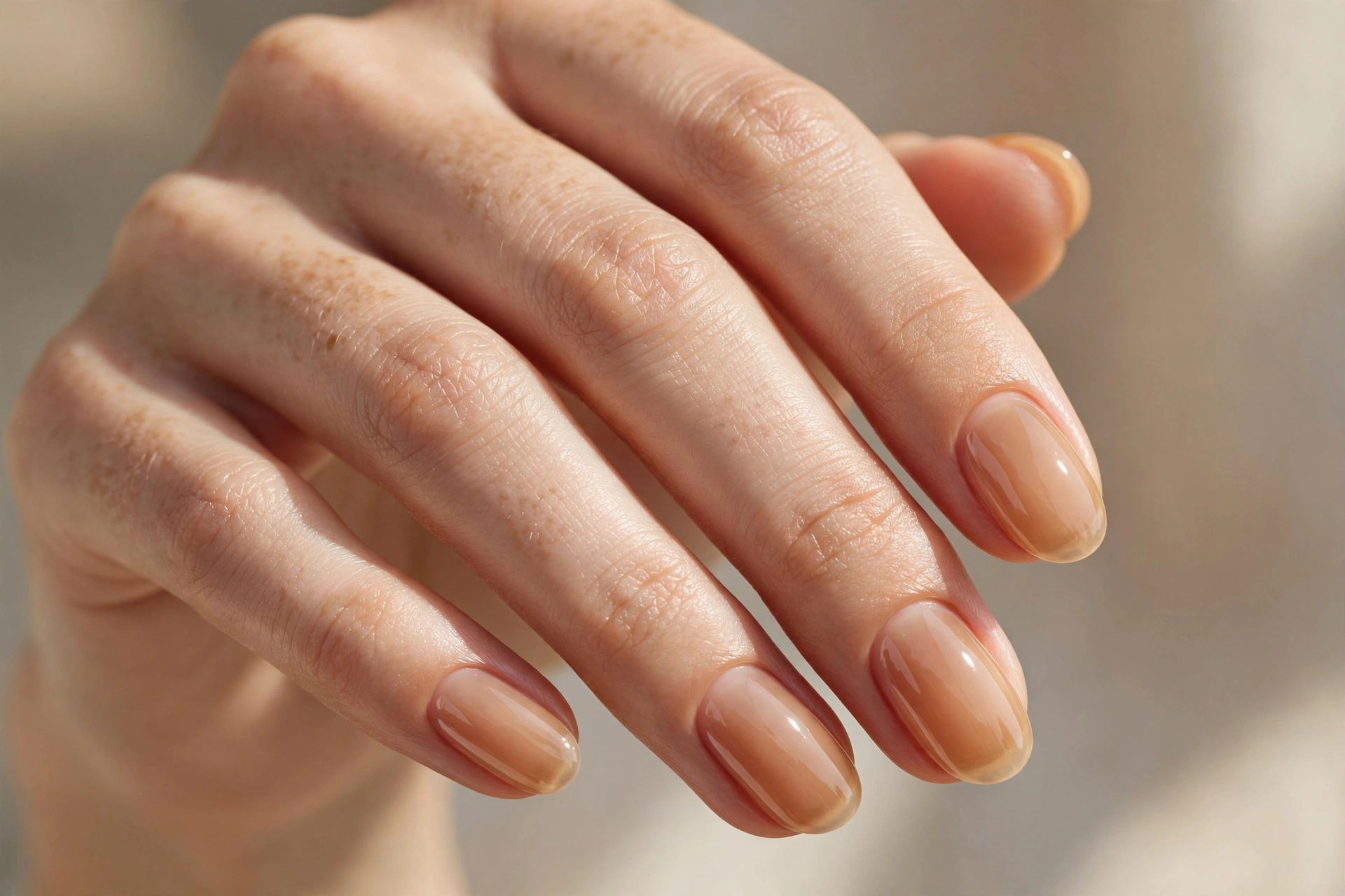 Sheer caramel jelly nude nails with translucent warm tint