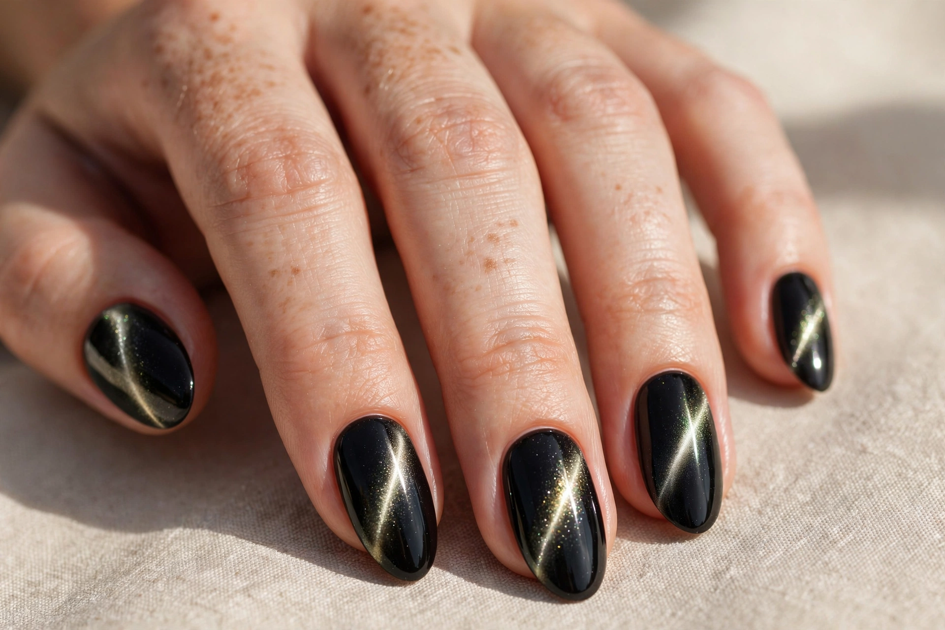 Classic black cat eye nail design with magnetic shimmer line on almond nails