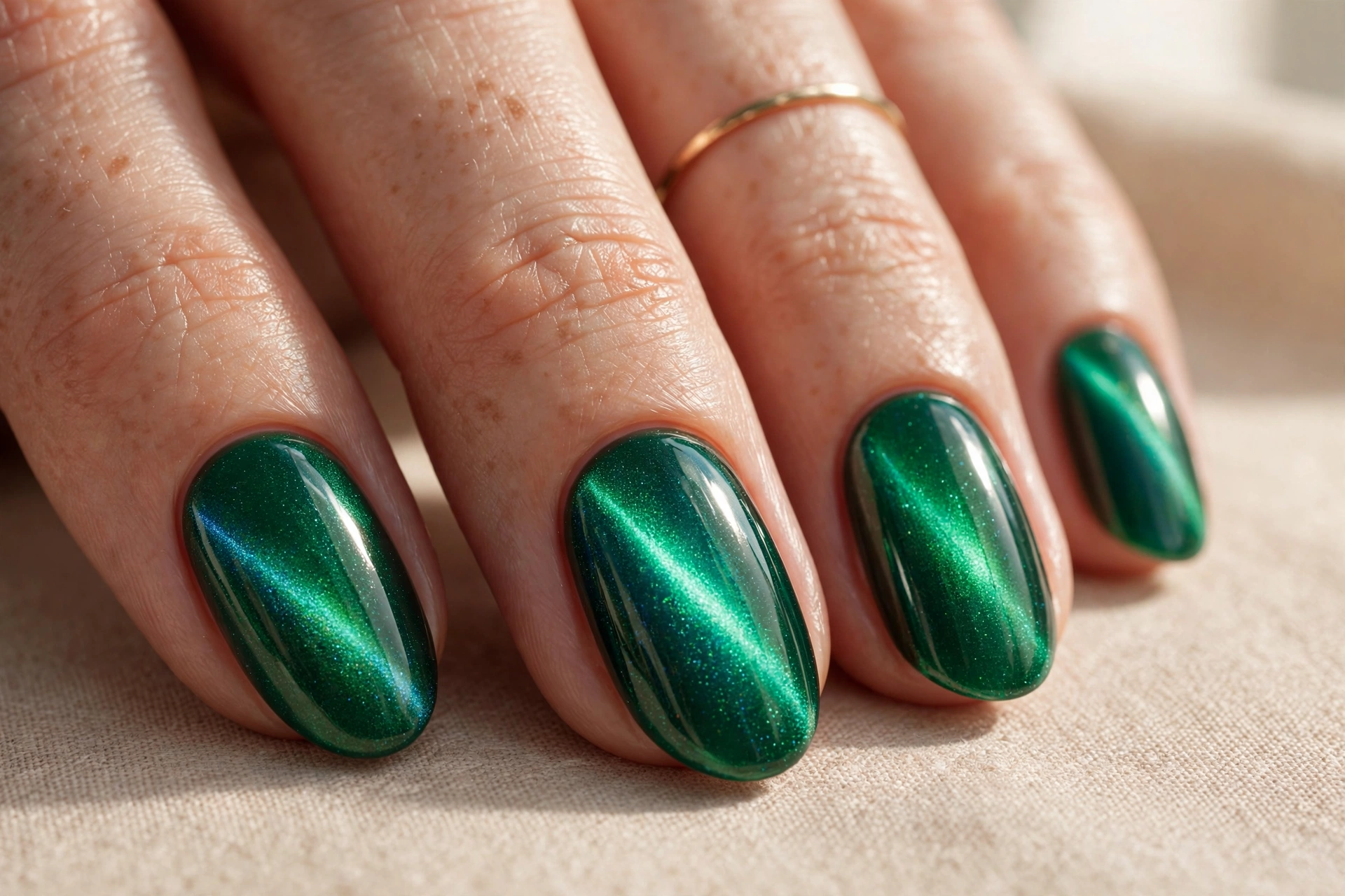 Emerald green cat eye nail design with jewel-toned magnetic glow