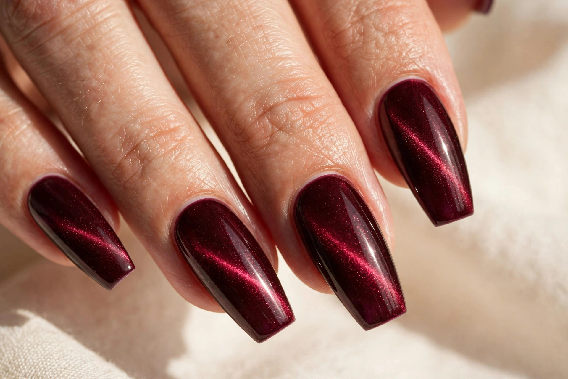 Burgundy wine cat eye nail design with deep red magnetic shimmer