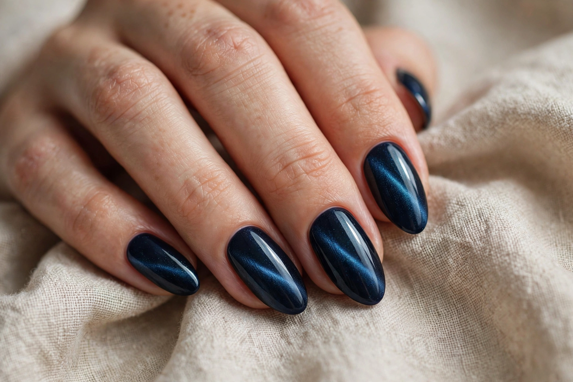 Deep navy cat eye nail design with midnight-blue magnetic effect