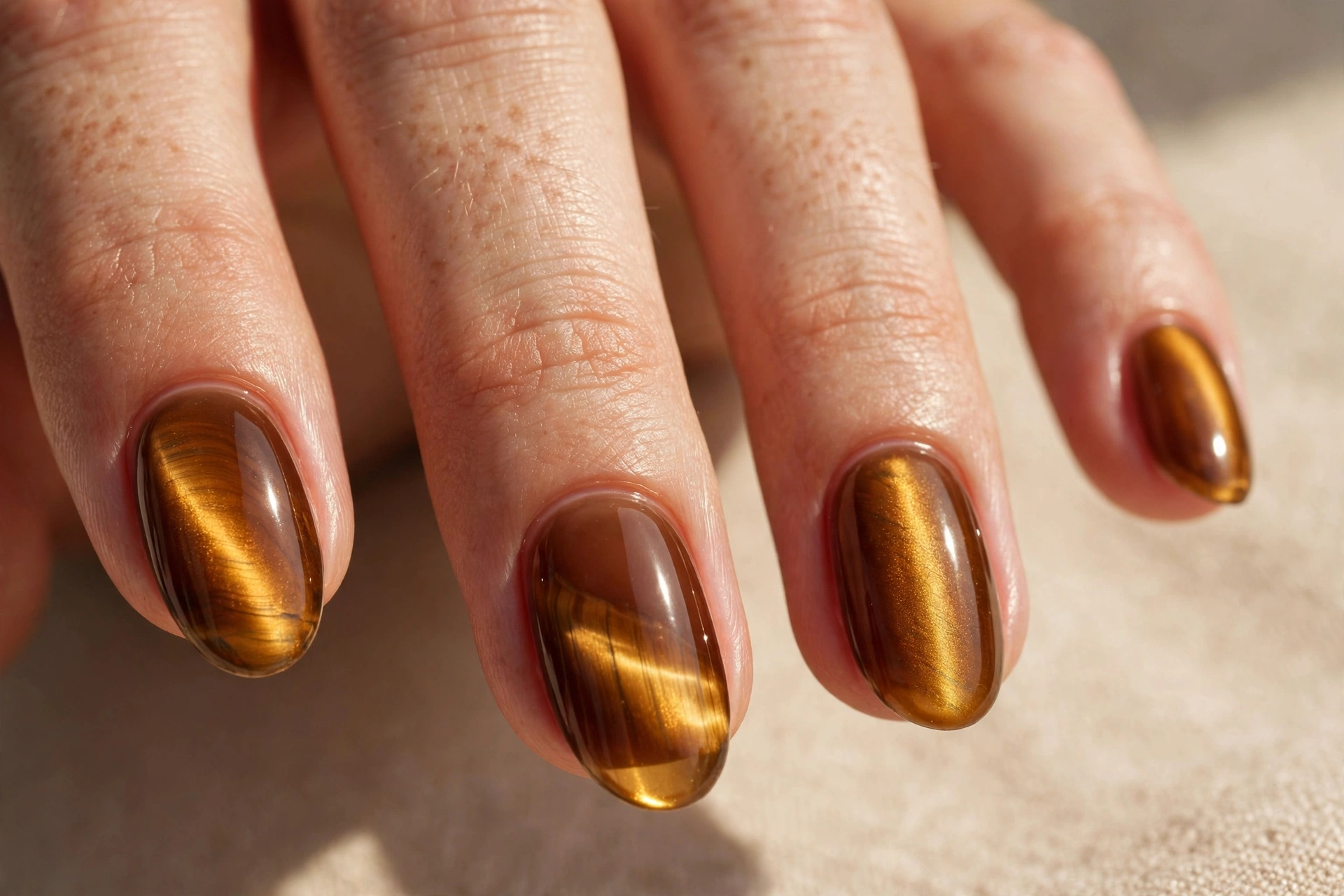 Amber tiger eye nail design with golden magnetic glow under jelly brown polish