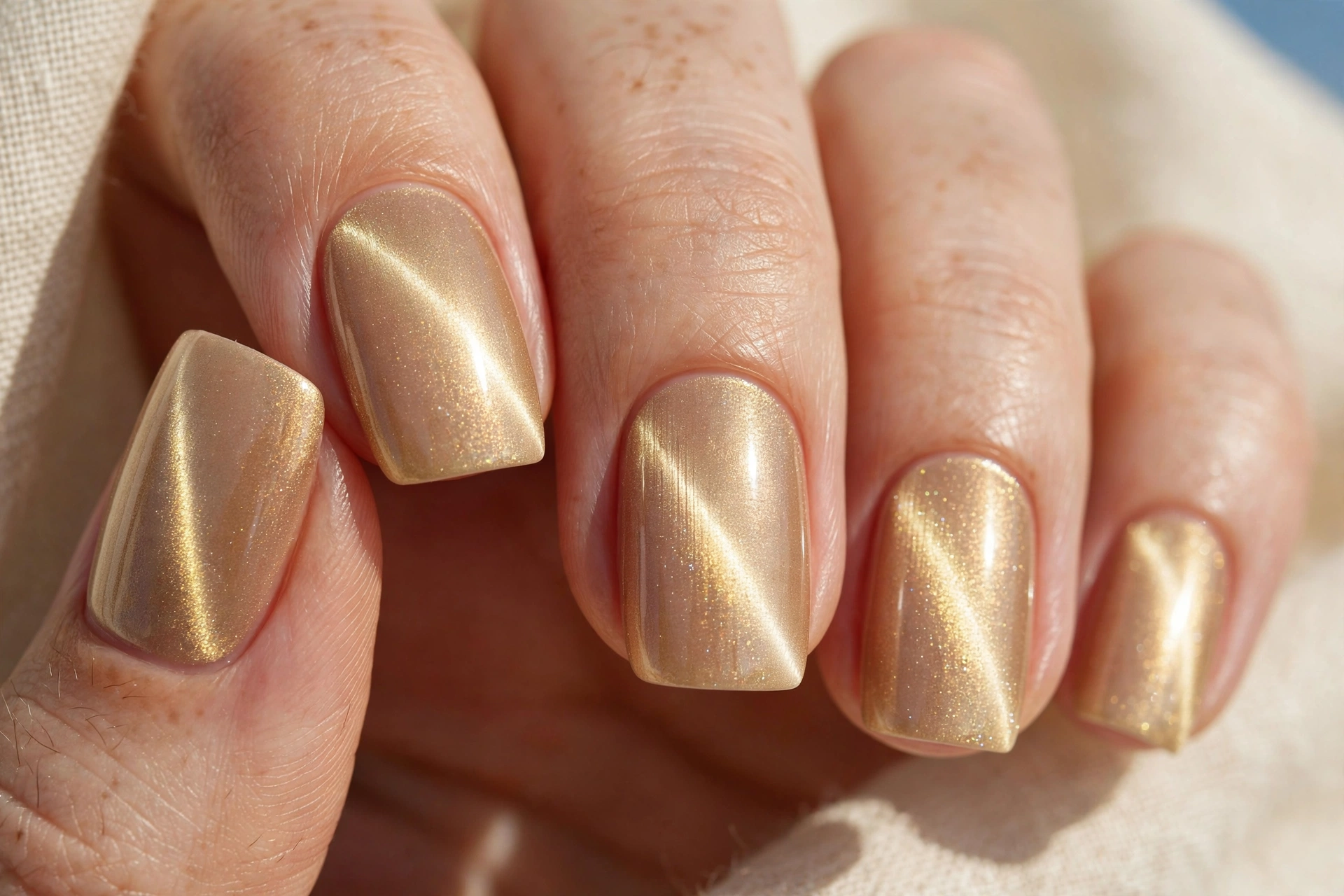 Champagne gold cat eye nail design with luminous metallic shimmer
