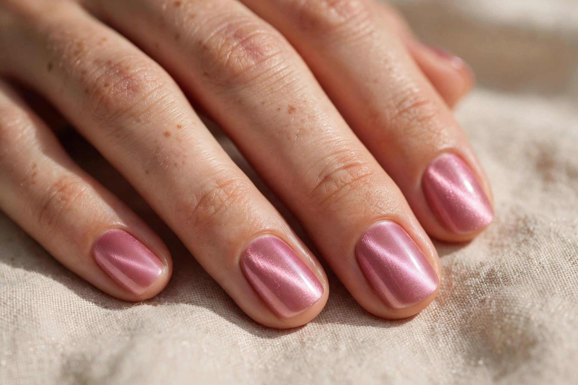 Rose pink cat eye nail design with soft magnetic shimmer on short nails
