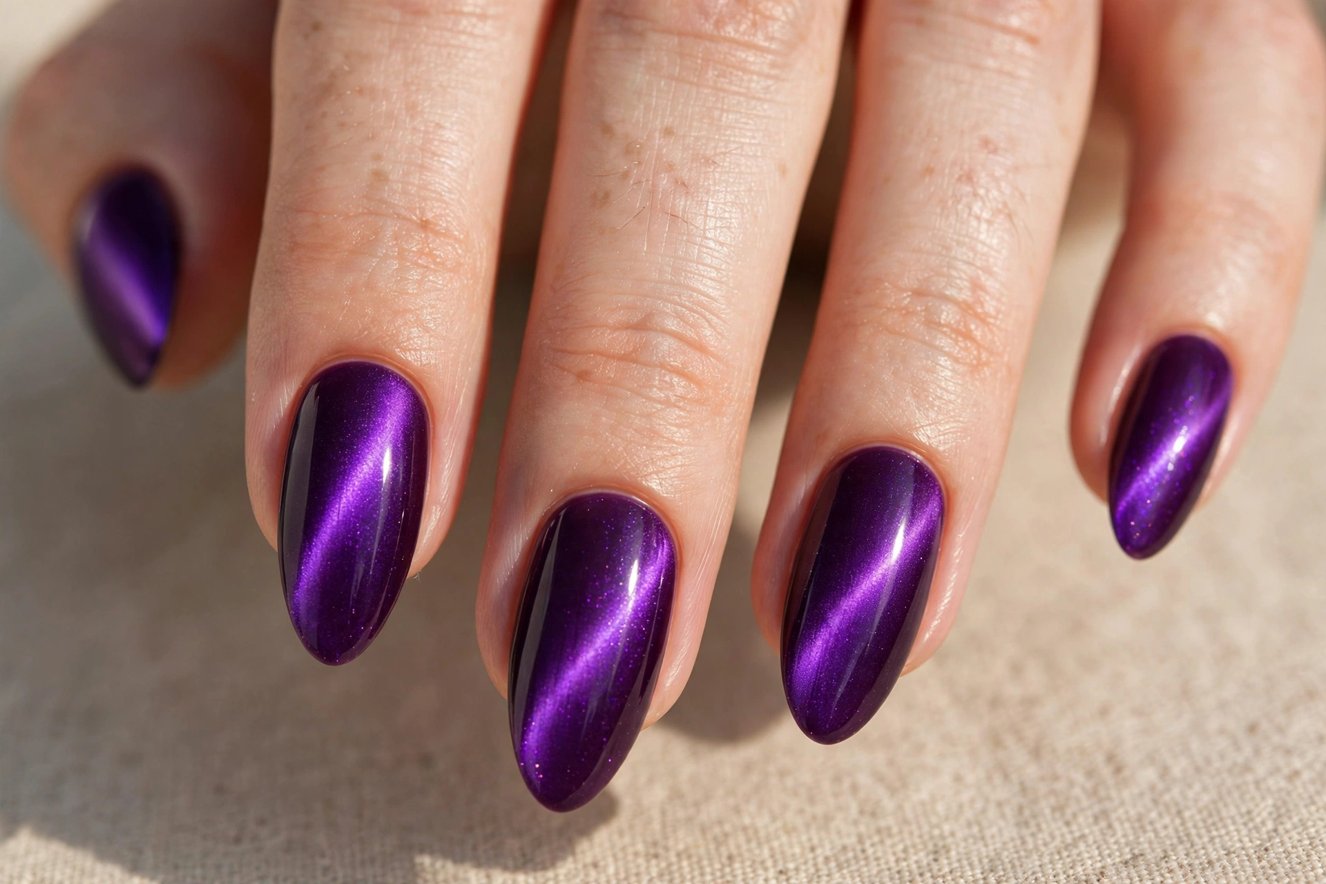 Plum purple cat eye nail design with rich violet magnetic glow