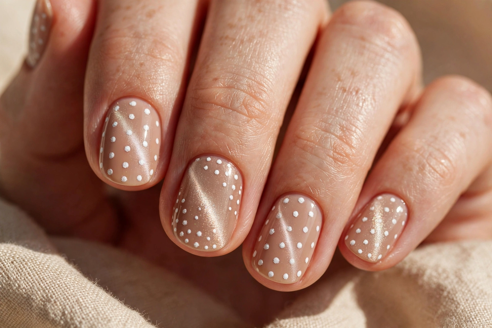 Polka dot cat eye nail design with dotted magnetic accents over nude base