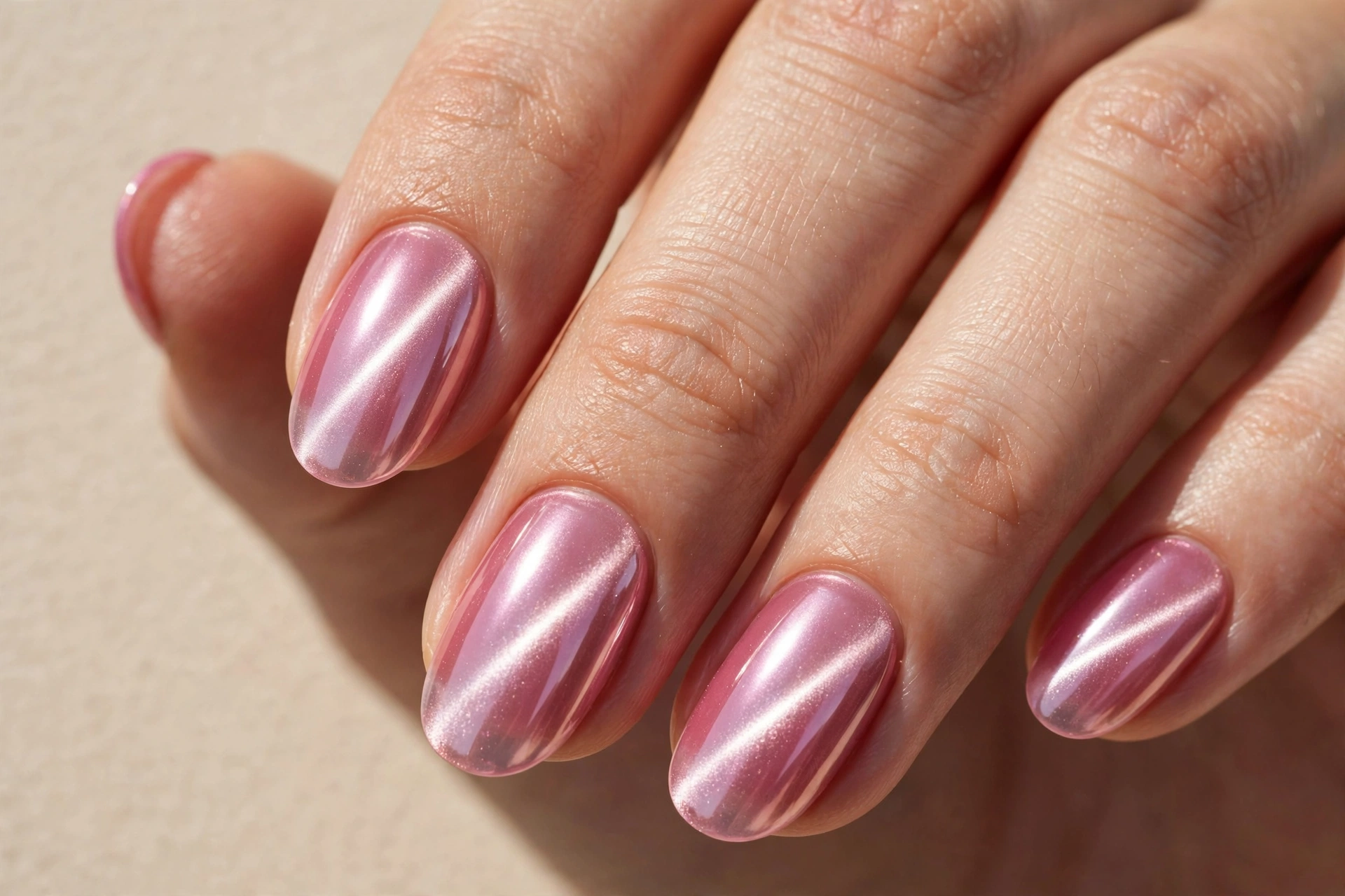 Jelly pink chrome cat eye nail design with glassy reflective magnetic finish