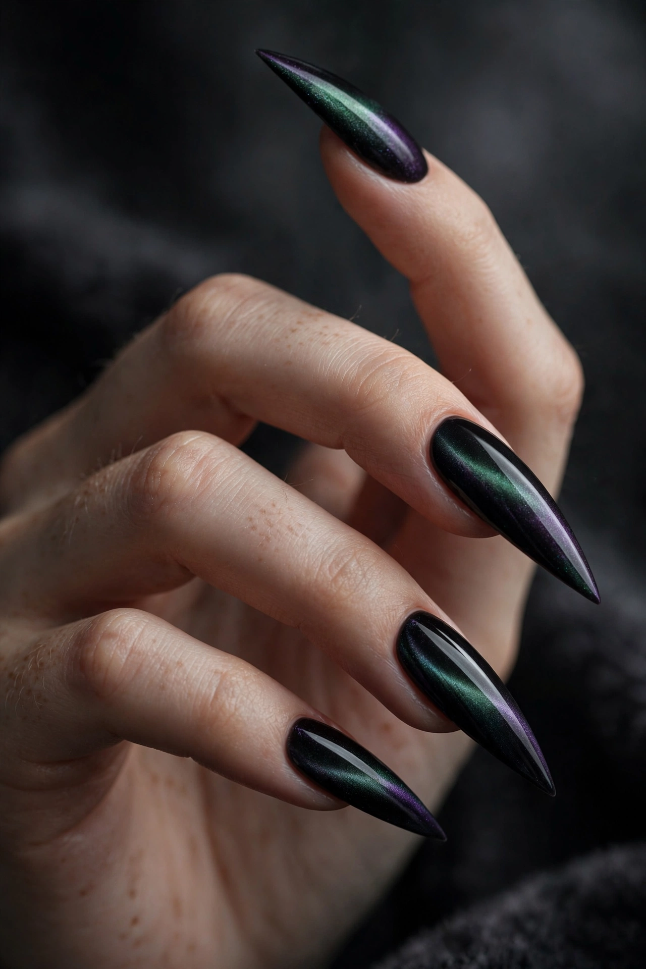 Gothic cat eye nail design in dark shades with moody magnetic shimmer