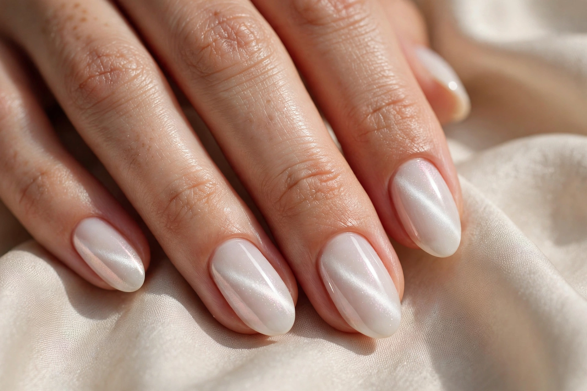 Milky white cat eye nail design with subtle pearlescent magnetic glow