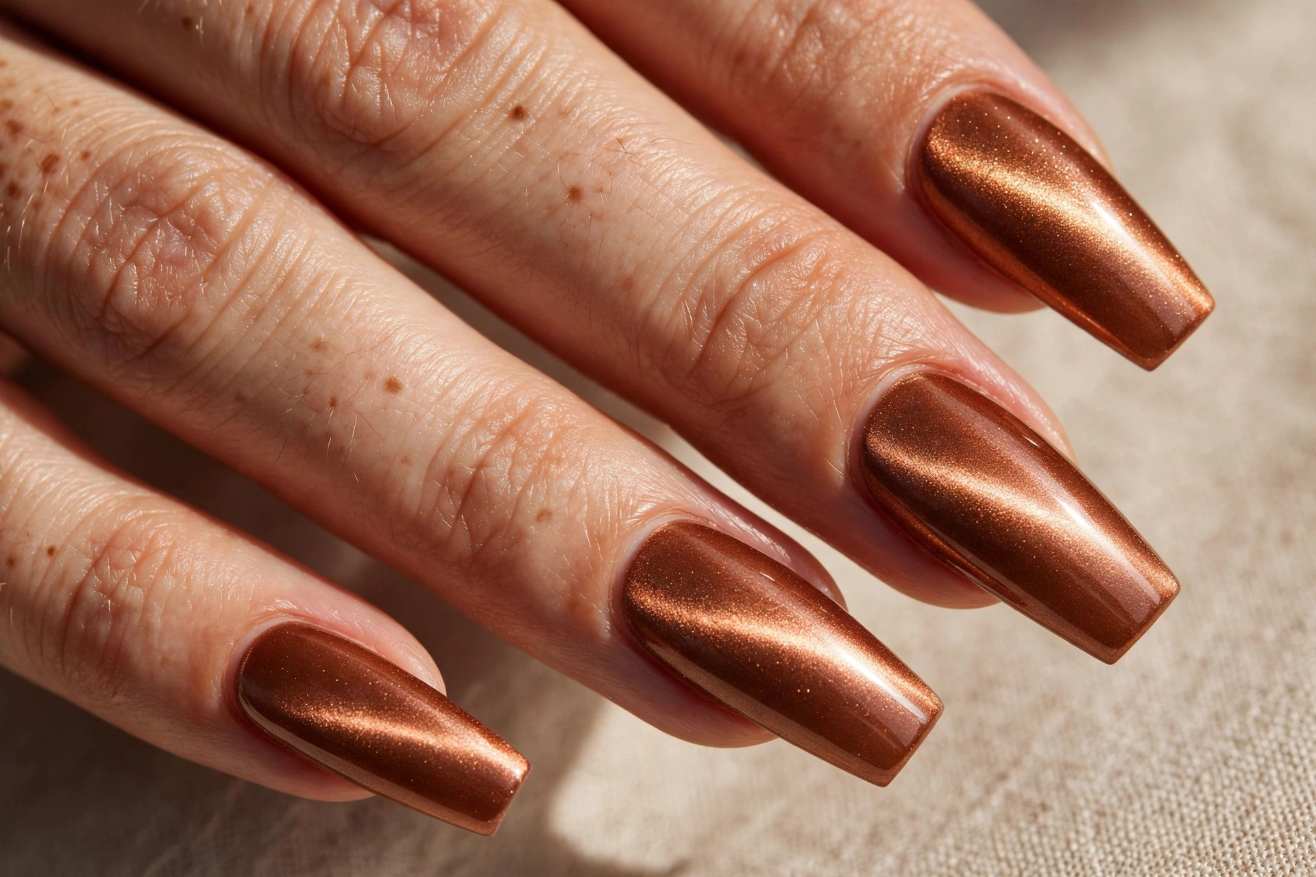 Copper cat eye nail design with warm metallic magnetic shimmer