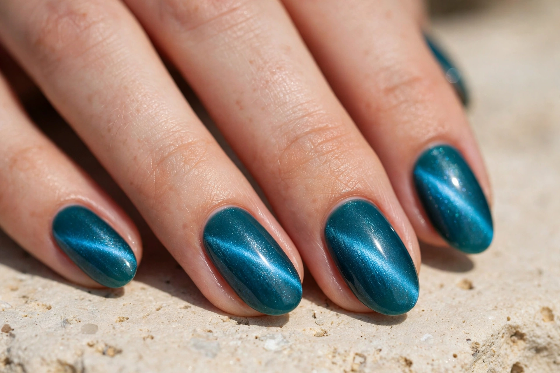 Teal cat eye nail design with ocean-blue magnetic glow