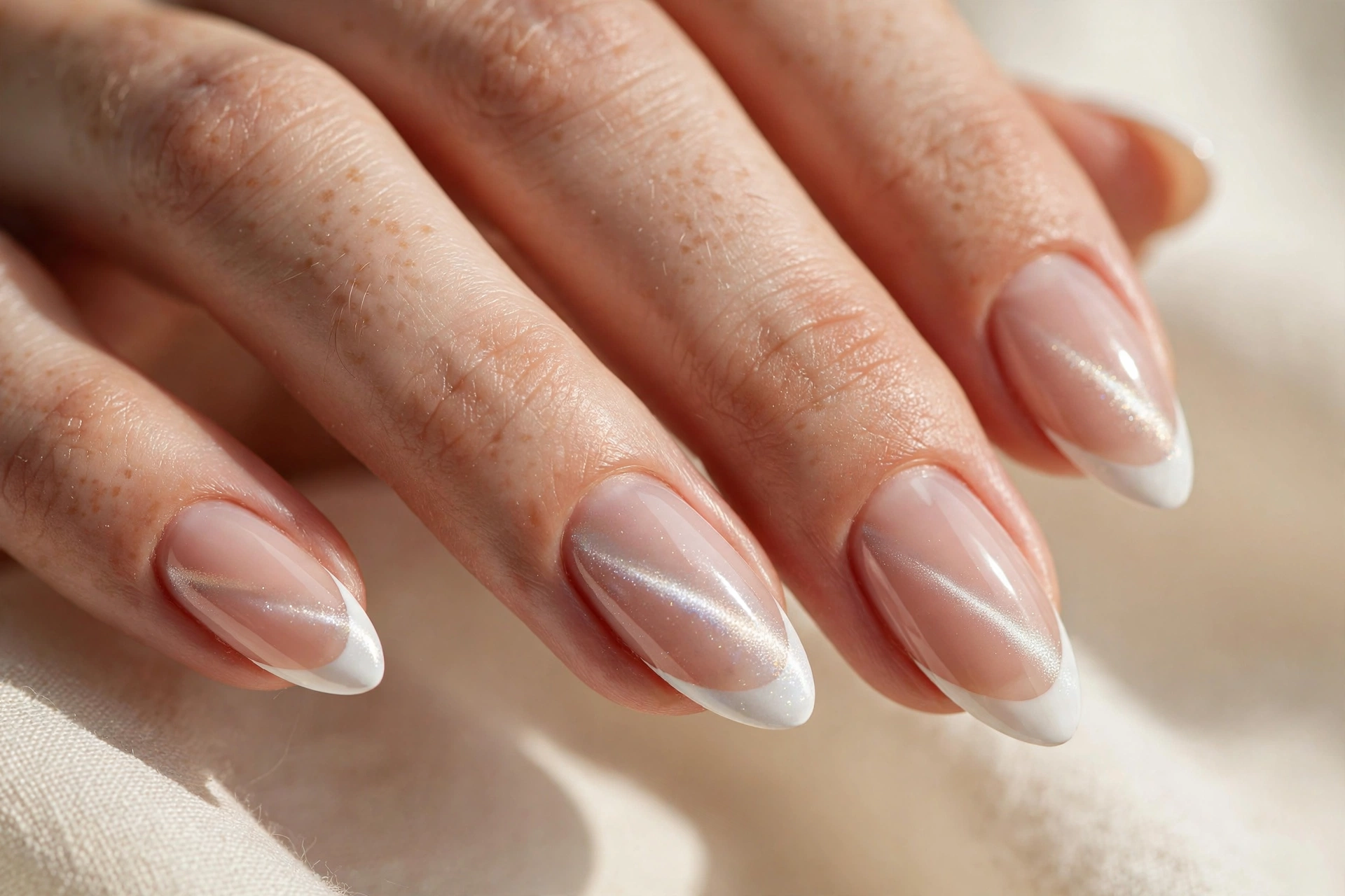 Cat eye French tip nail design with magnetic shimmer on white tips